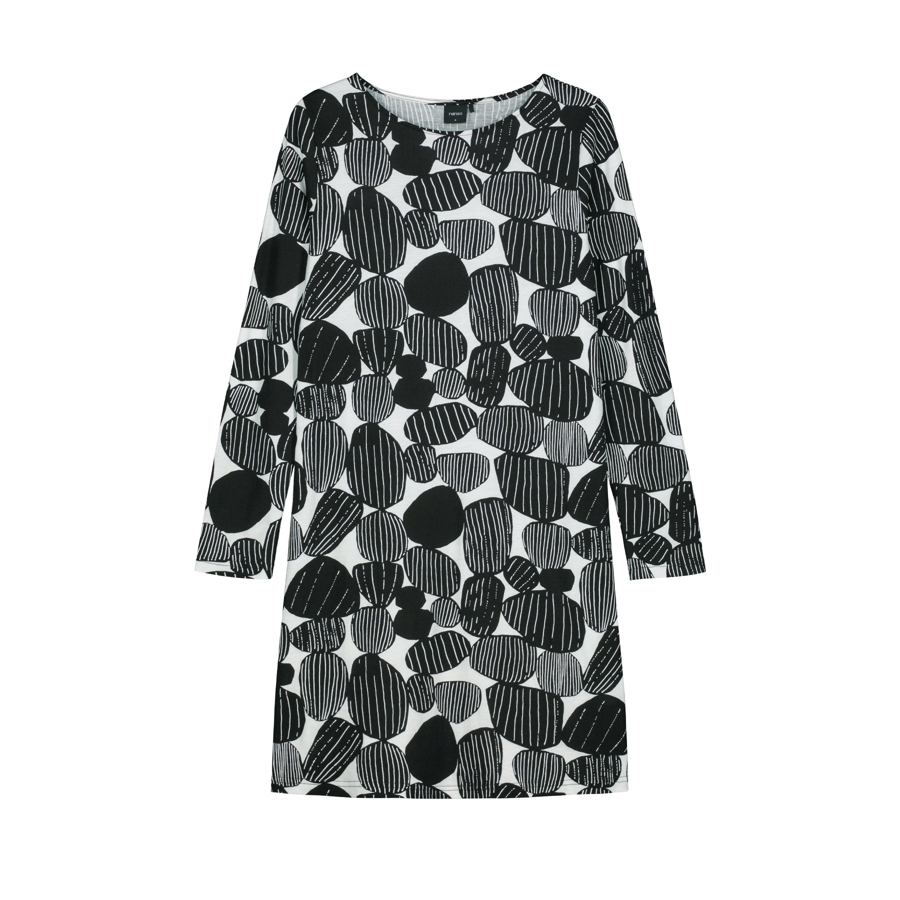 Black and white long-sleeve nightdress with abstract stone print and straight silhouette, laid flat on a white background.