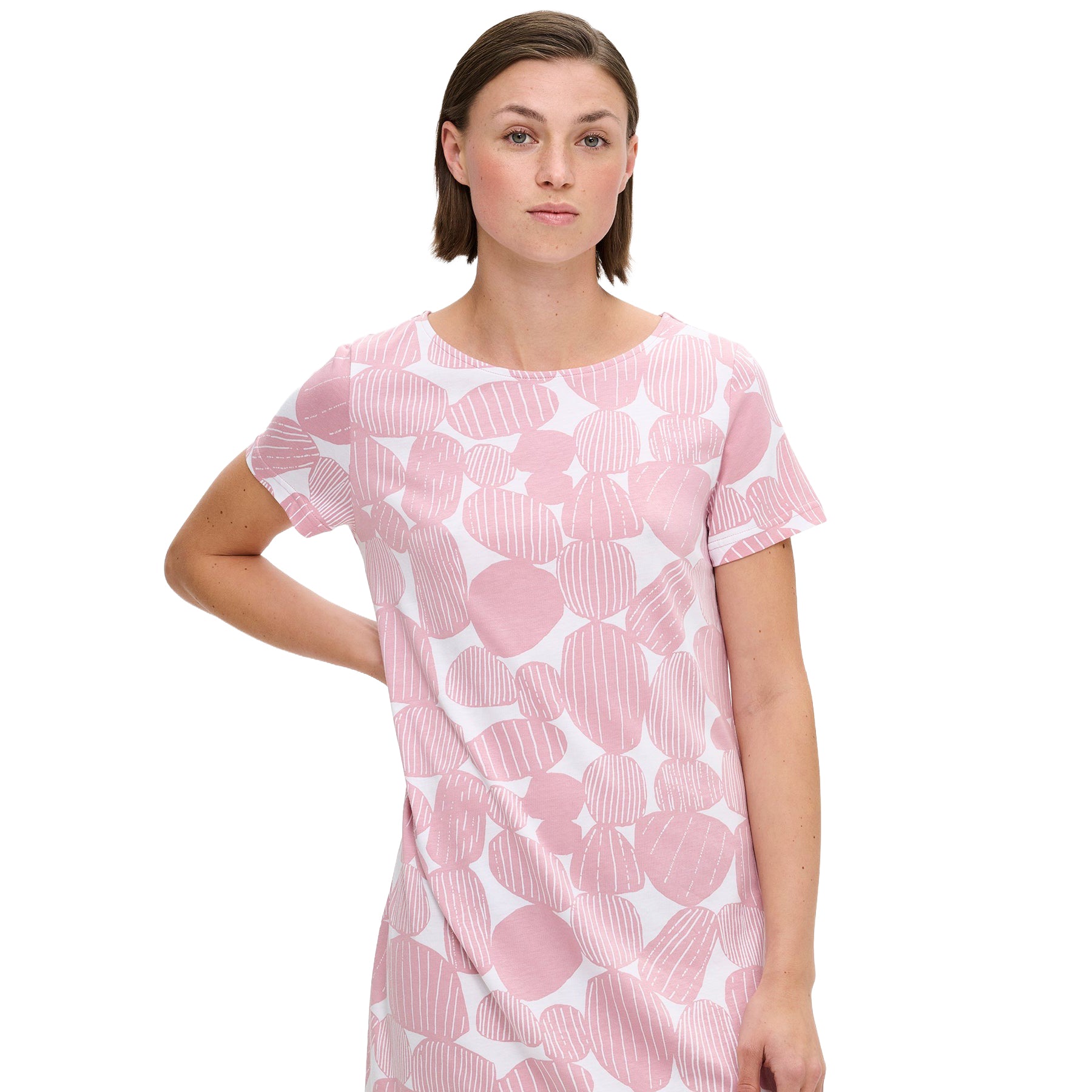 Pink and white short-sleeve nightdress with abstract stone print, knee-length silhouette, shown on model standing barefoot against a white background.
