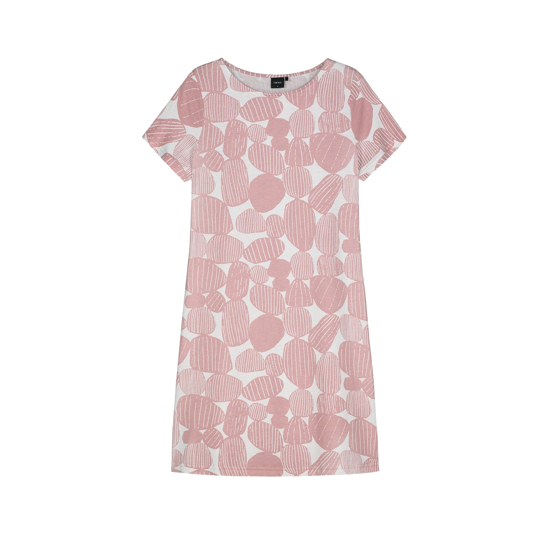 Pink and white short-sleeve nightdress with abstract stone print and straight silhouette, laid flat on a white background.