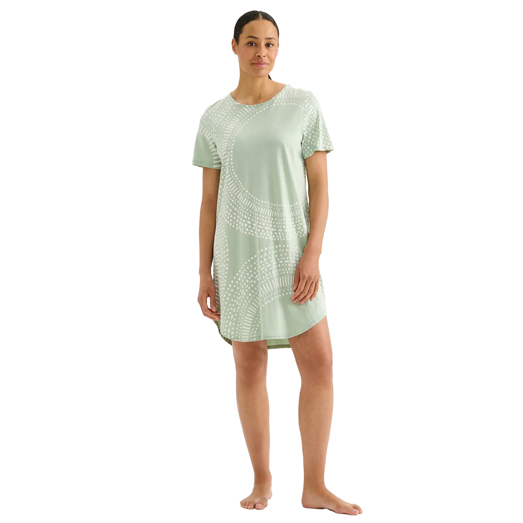 Mint green short sleeve sleep shirt dress with white circular dot pattern, relaxed fit nightgown on model