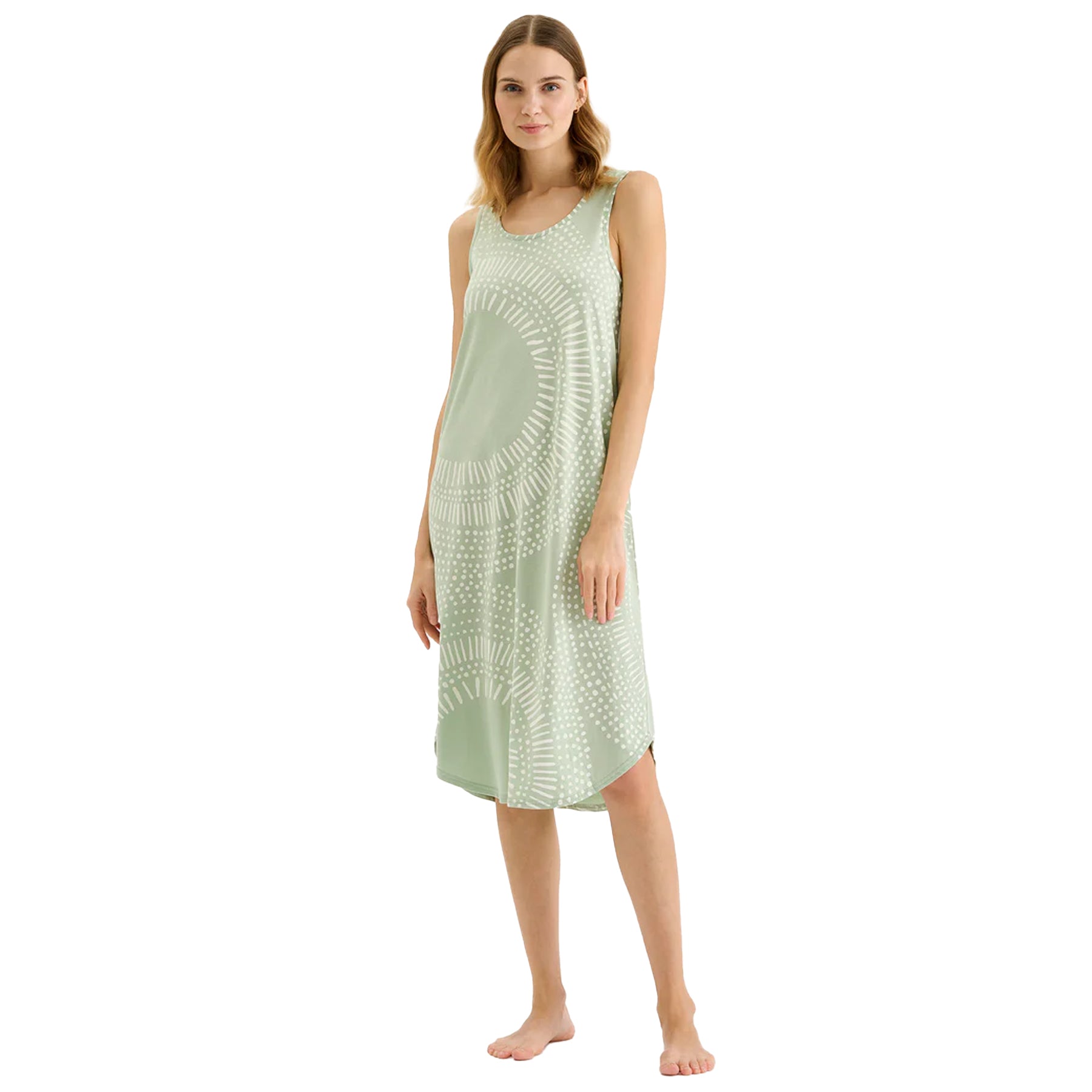 Mint green sleeveless nightgown with white circular dot pattern, relaxed fit sleep dress on model
