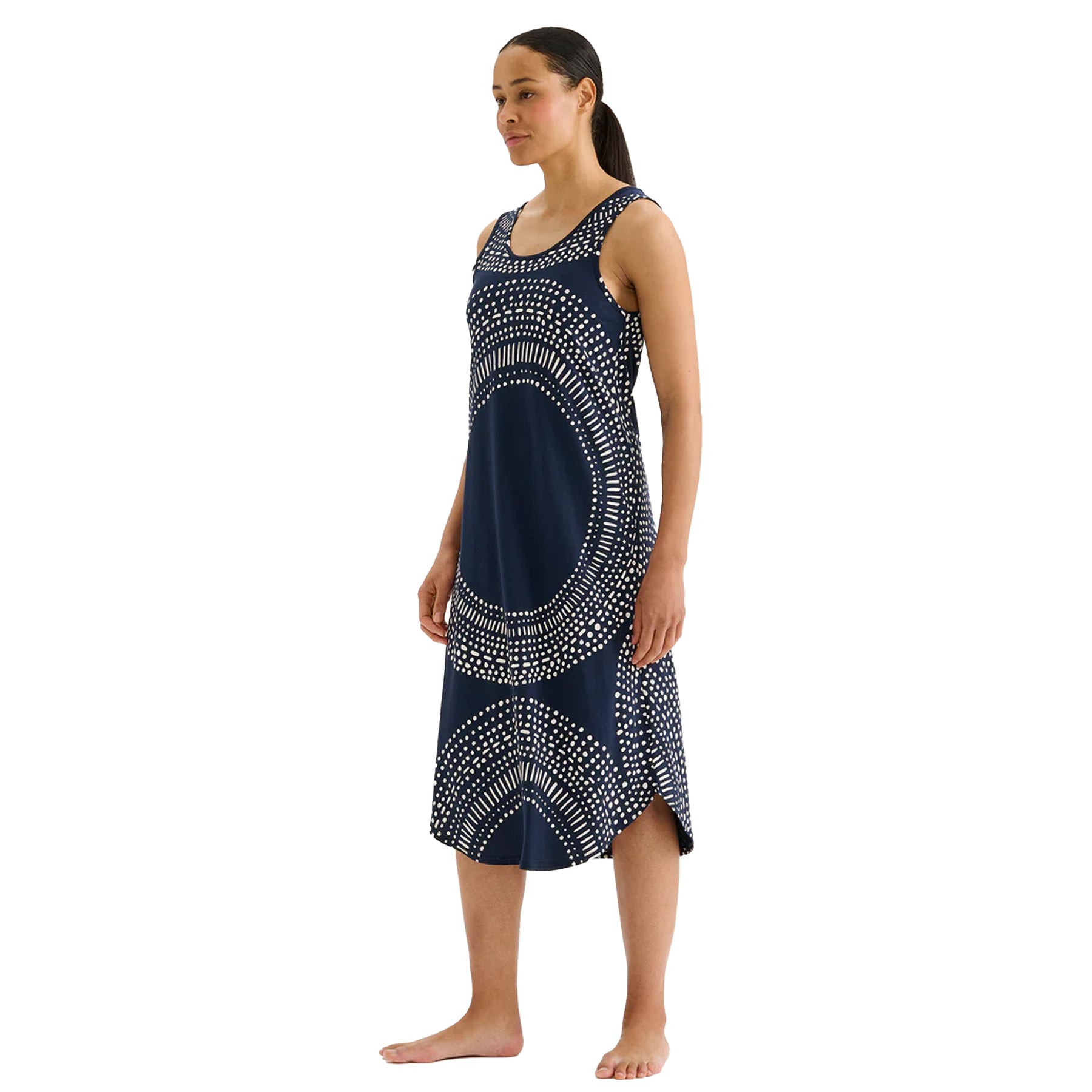Navy blue sleeveless nightgown with white circular dot pattern, relaxed fit sleep dress on model