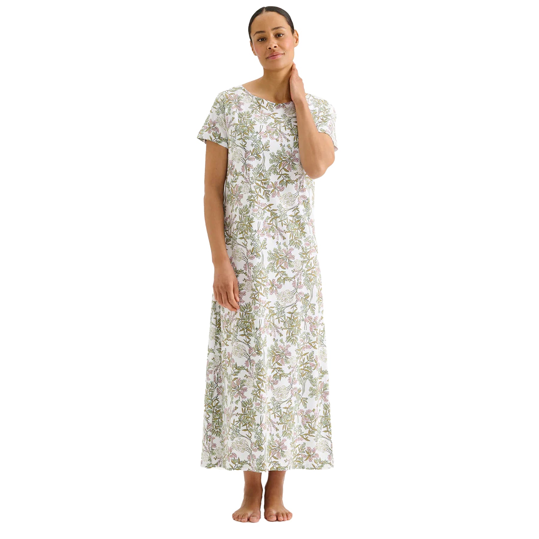 Ivory floral print short sleeve nightgown with soft green and pink botanical pattern, relaxed fit long sleep dress on model