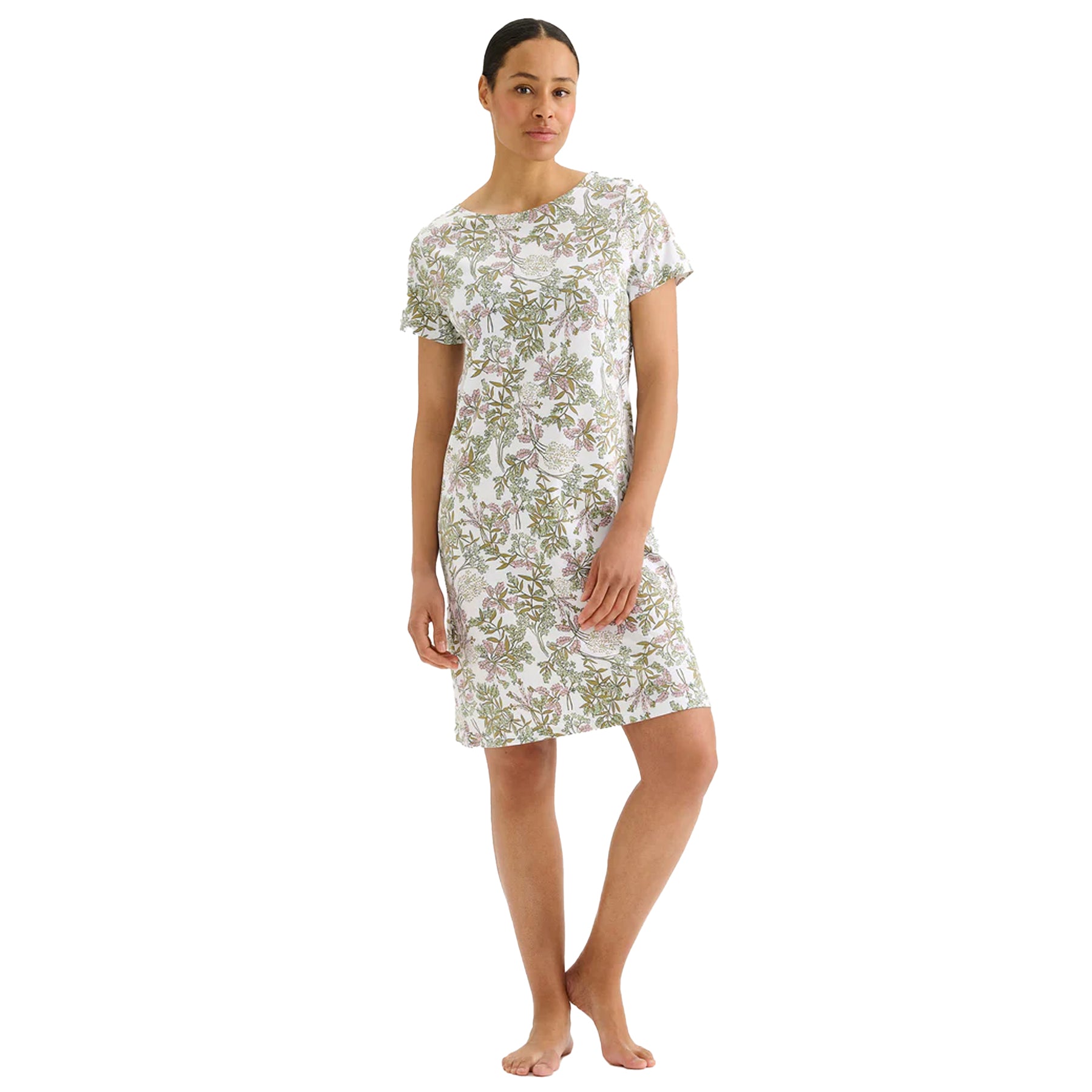 Ivory floral print short sleeve sleep shirt dress with soft green and pink botanical pattern, relaxed fit nightgown on model