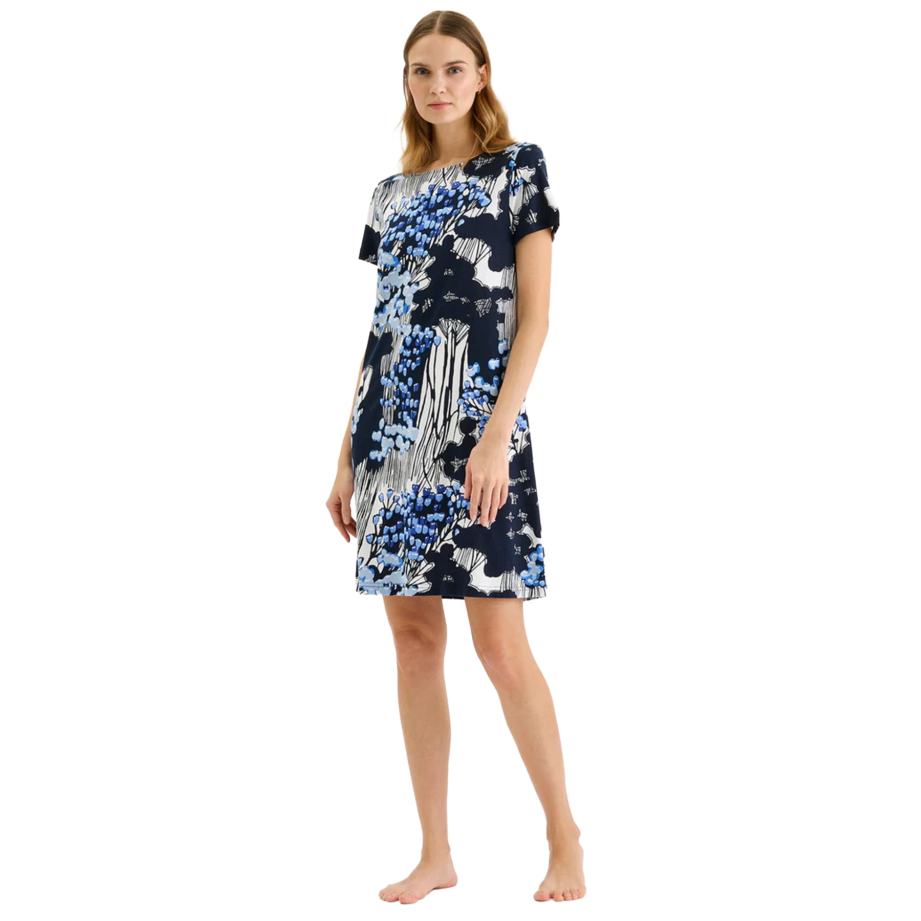 Navy floral print short sleeve sleep shirt dress with blue and white abstract botanical pattern, relaxed fit nightgown on model