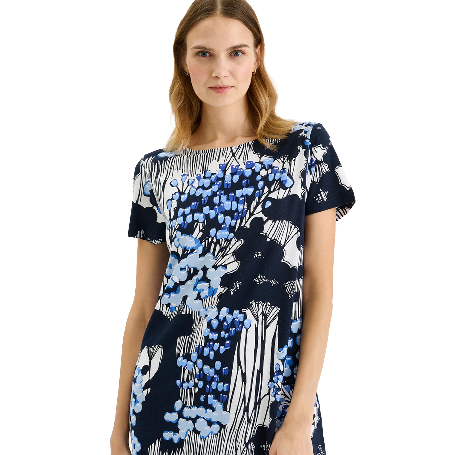Close-up of navy floral sleep shirt with blue and white abstract botanical print, soft fabric short sleeve nightgown