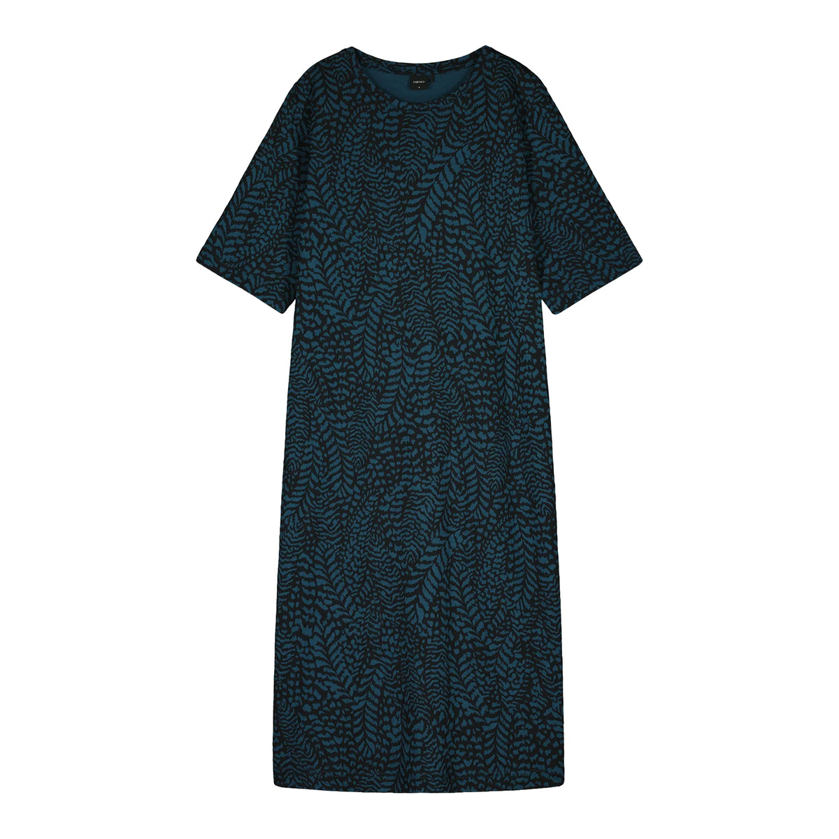 Nanso Fiona Gown in deep blue and black abstract print with short sleeves, round neckline and relaxed long silhouette.