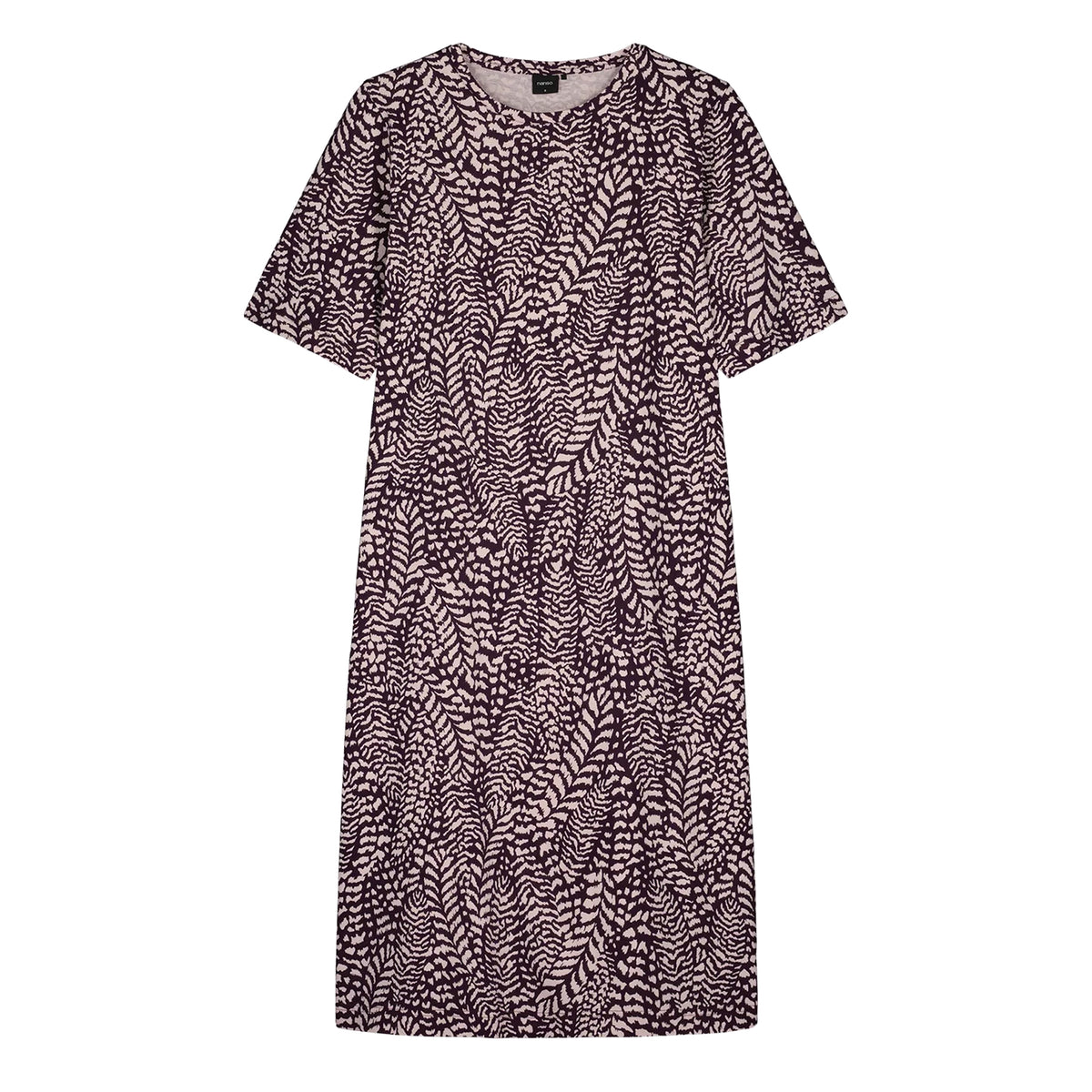 Nanso Fiona short sleeve gown in purple and beige print, front flat view with relaxed fit