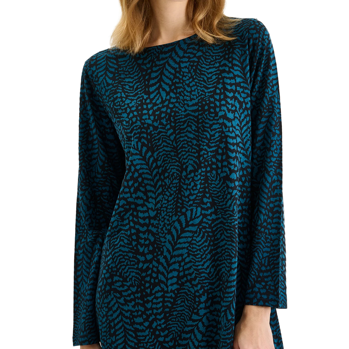 Close-up of Nanso Fiona Chemise showing black and teal blue abstract print, round neckline and long sleeves