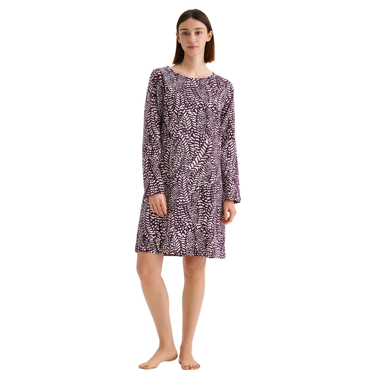 Nanso Fiona Chemise in purple and beige abstract print with long sleeves and relaxed knee-length fit