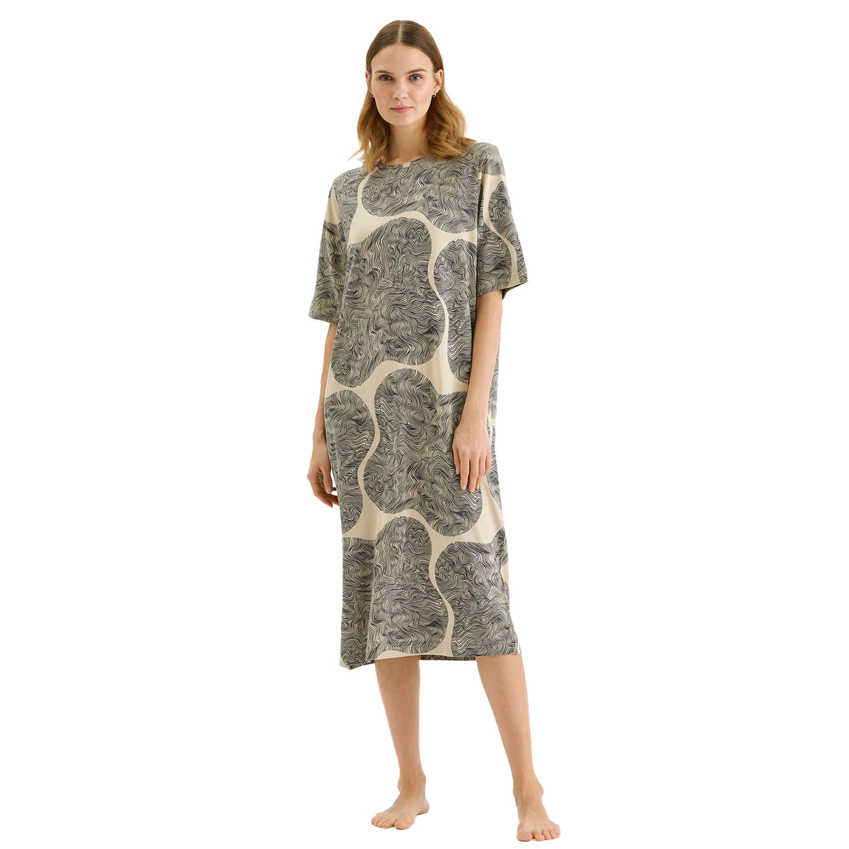 Nanso Paasi Long Gown in beige and grey abstract print, full front view