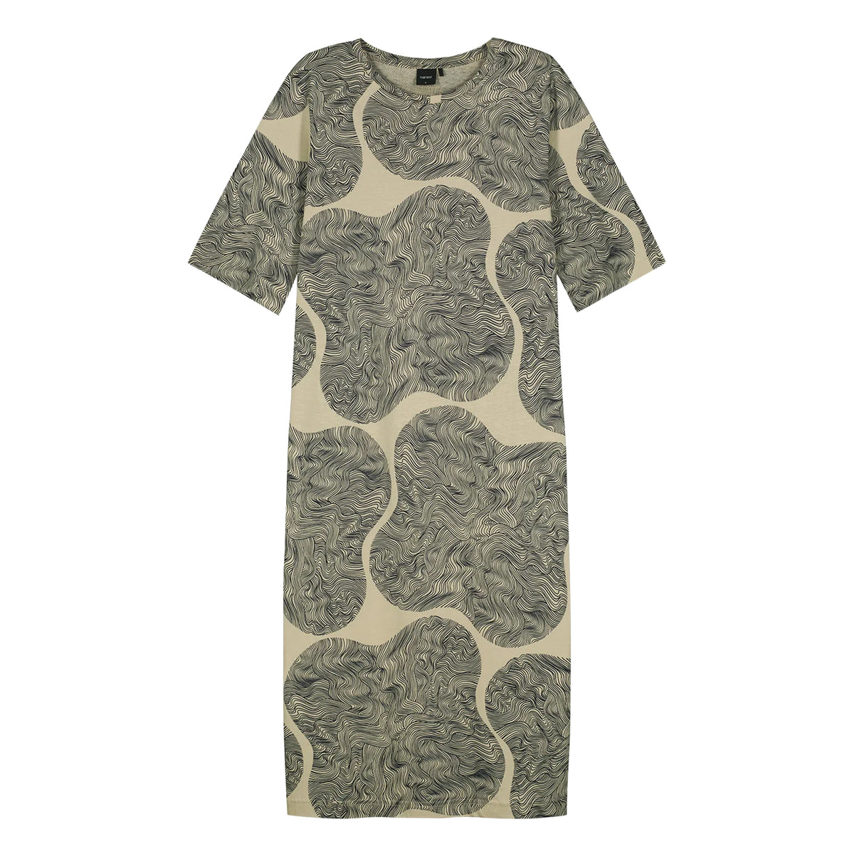 Nanso Paasi Long Gown in beige and grey with short sleeves and oversized abstract wave print, front flat view