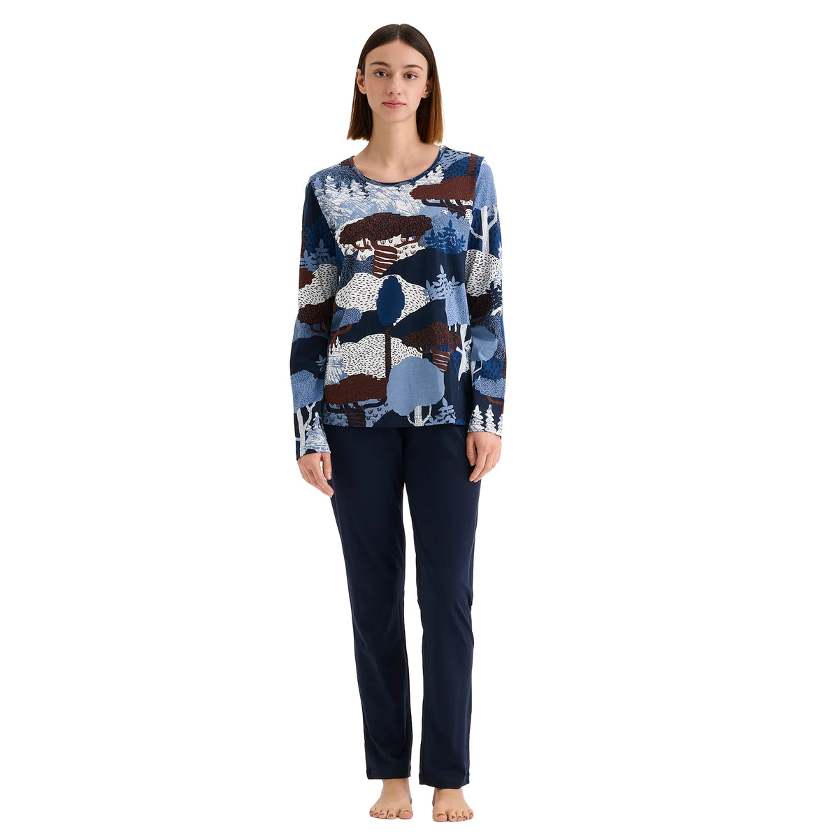 Nanso pajama set with blue and brown woodland print long-sleeve top and solid navy pants