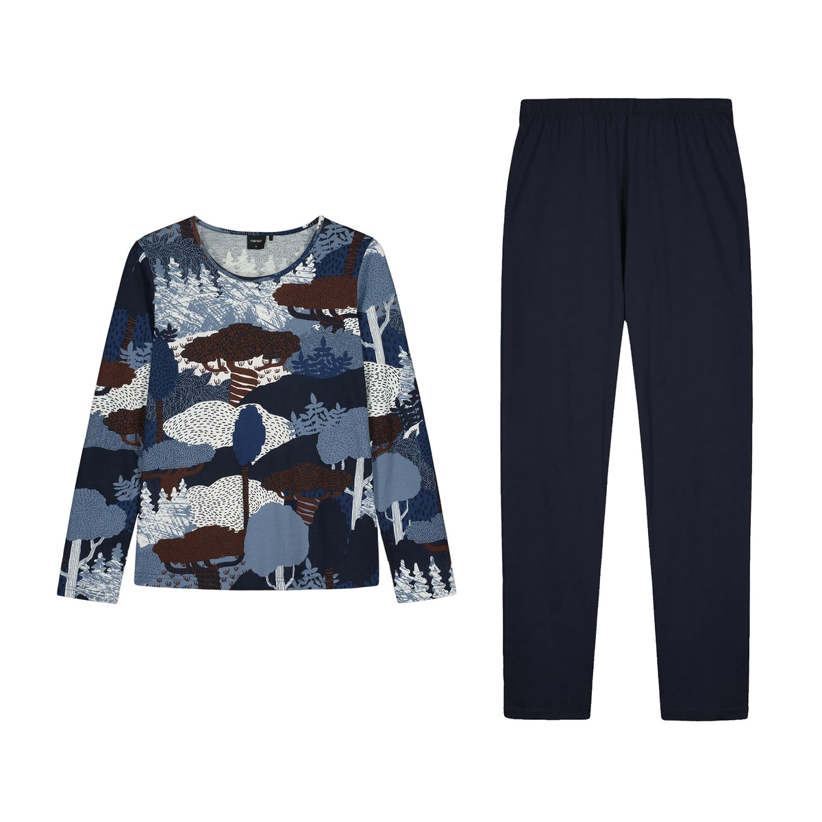 Nanso pajama set featuring a long-sleeve woodland print top and relaxed solid navy pants, front flat view