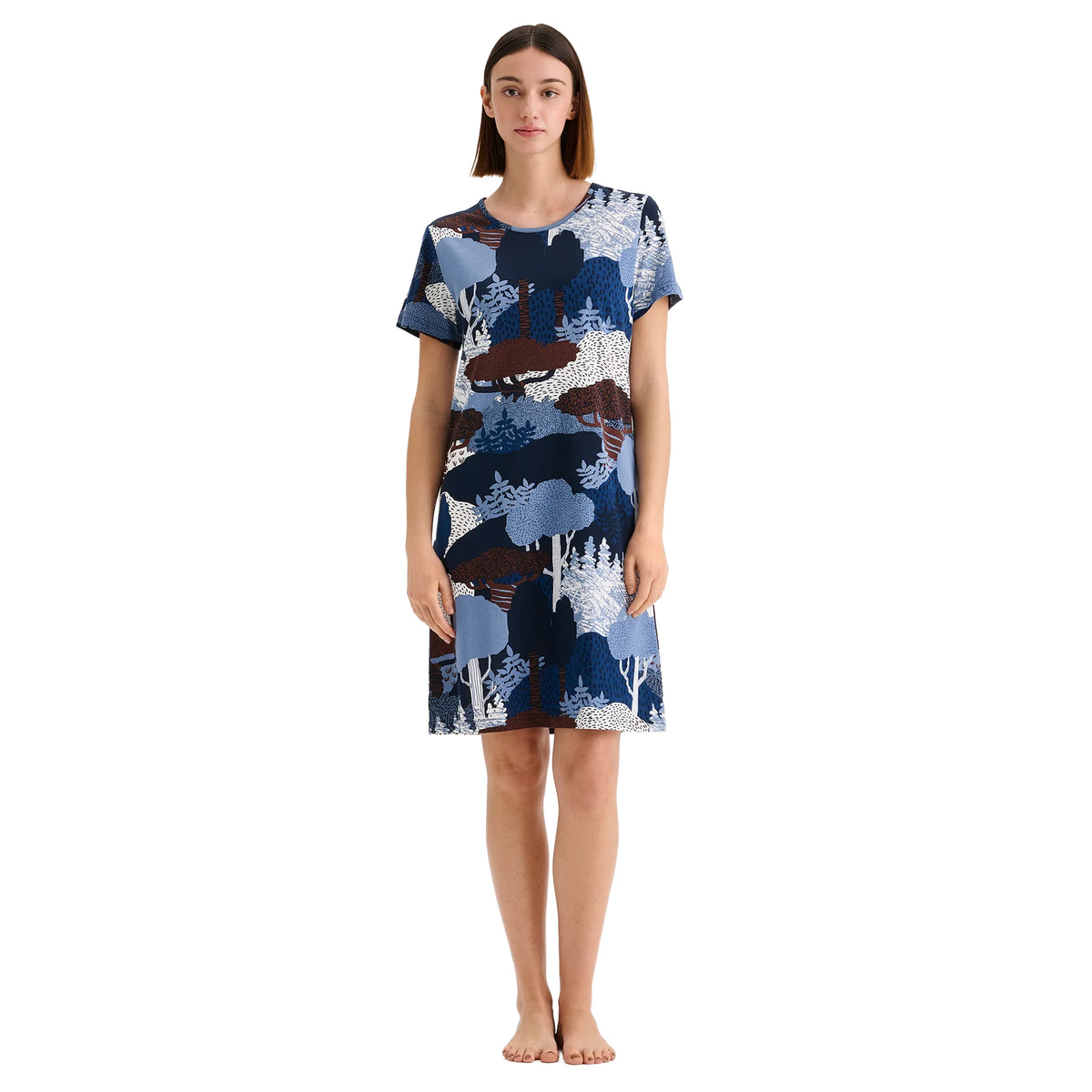 Nanso short sleeve chemise with blue, navy and brown woodland print, relaxed knee-length fit