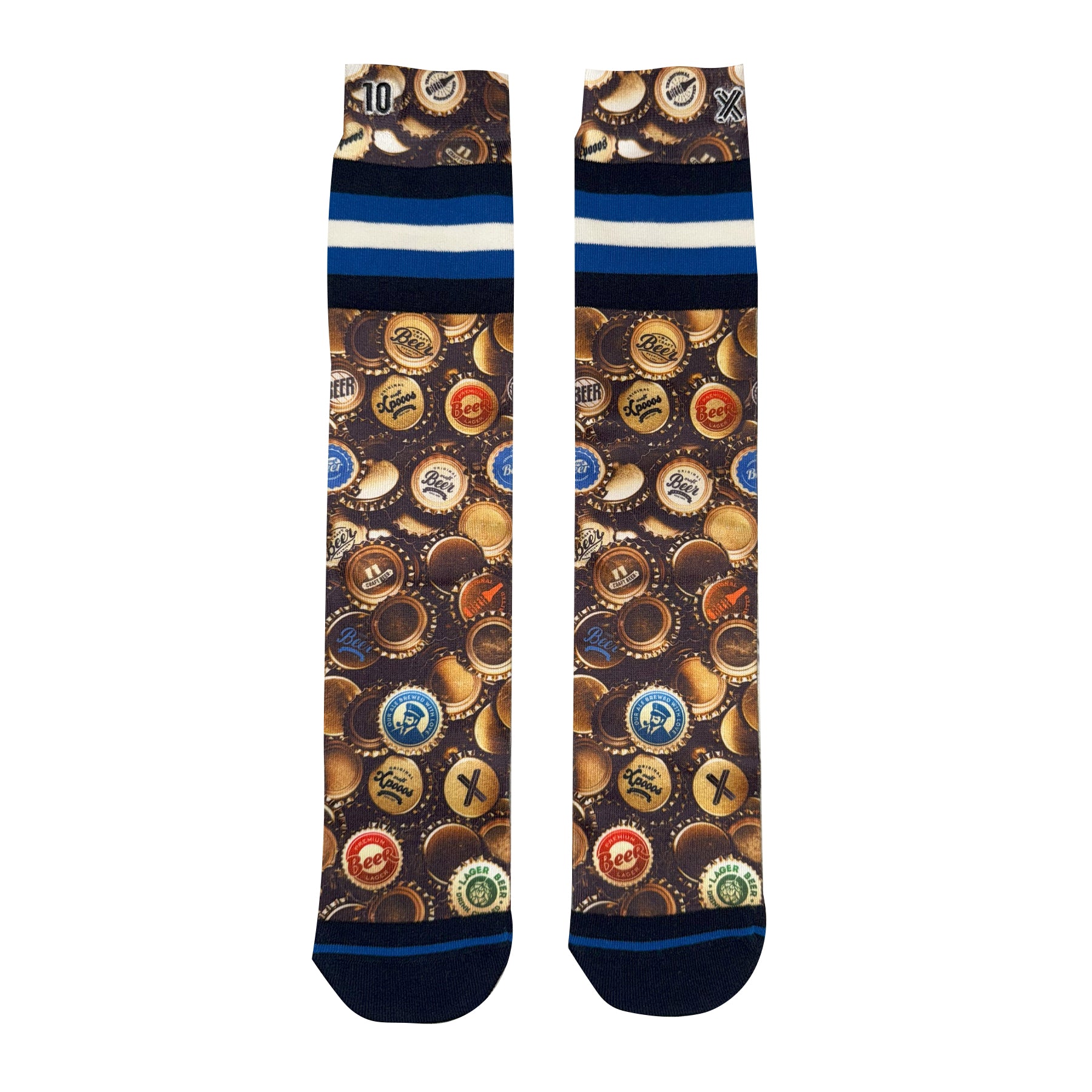Pair of crew socks laid flat with an all-over beer bottle cap print and blue striped cuffs.