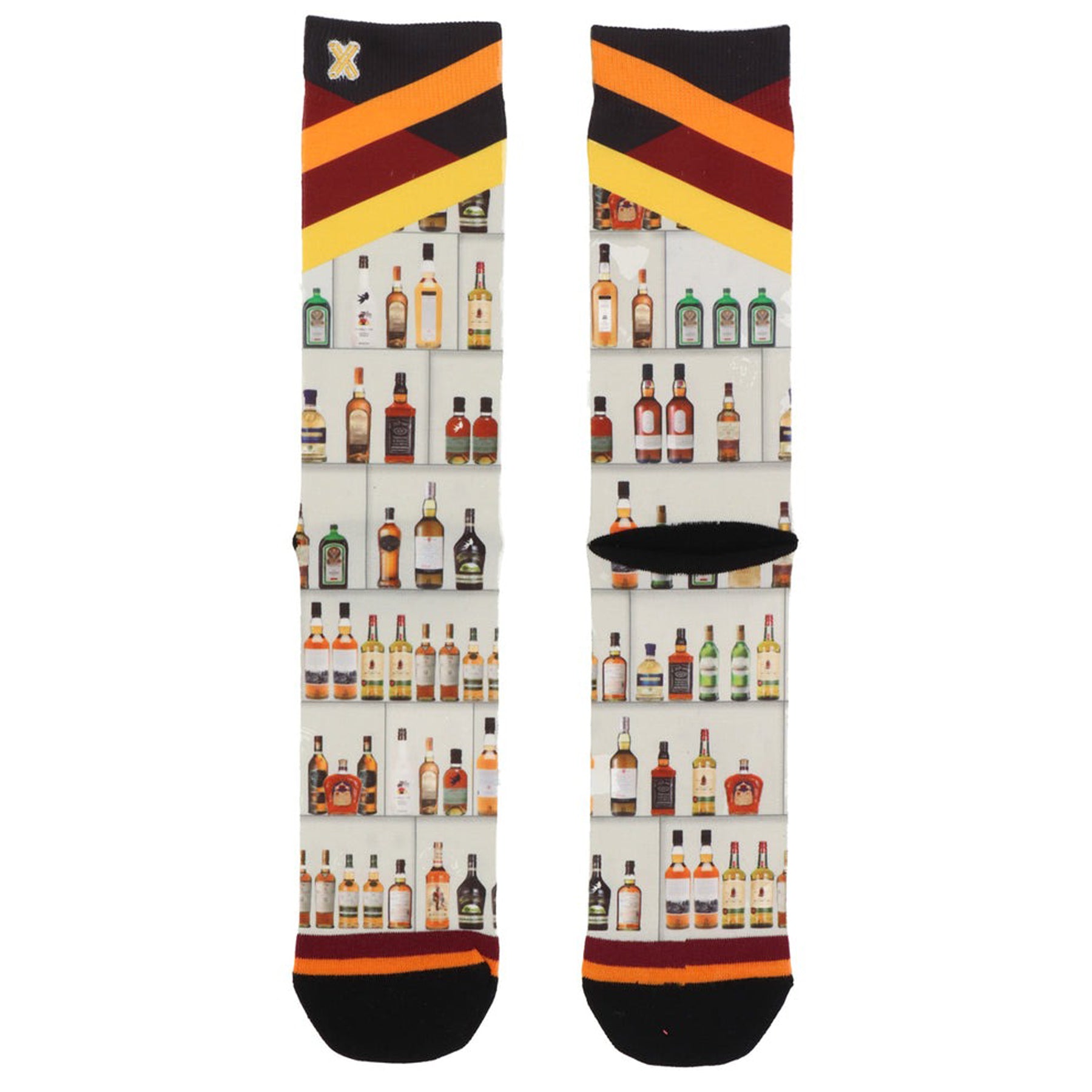 Pair of socks laid flat featuring liquor bottle print with bold red, orange, and yellow striped cuff