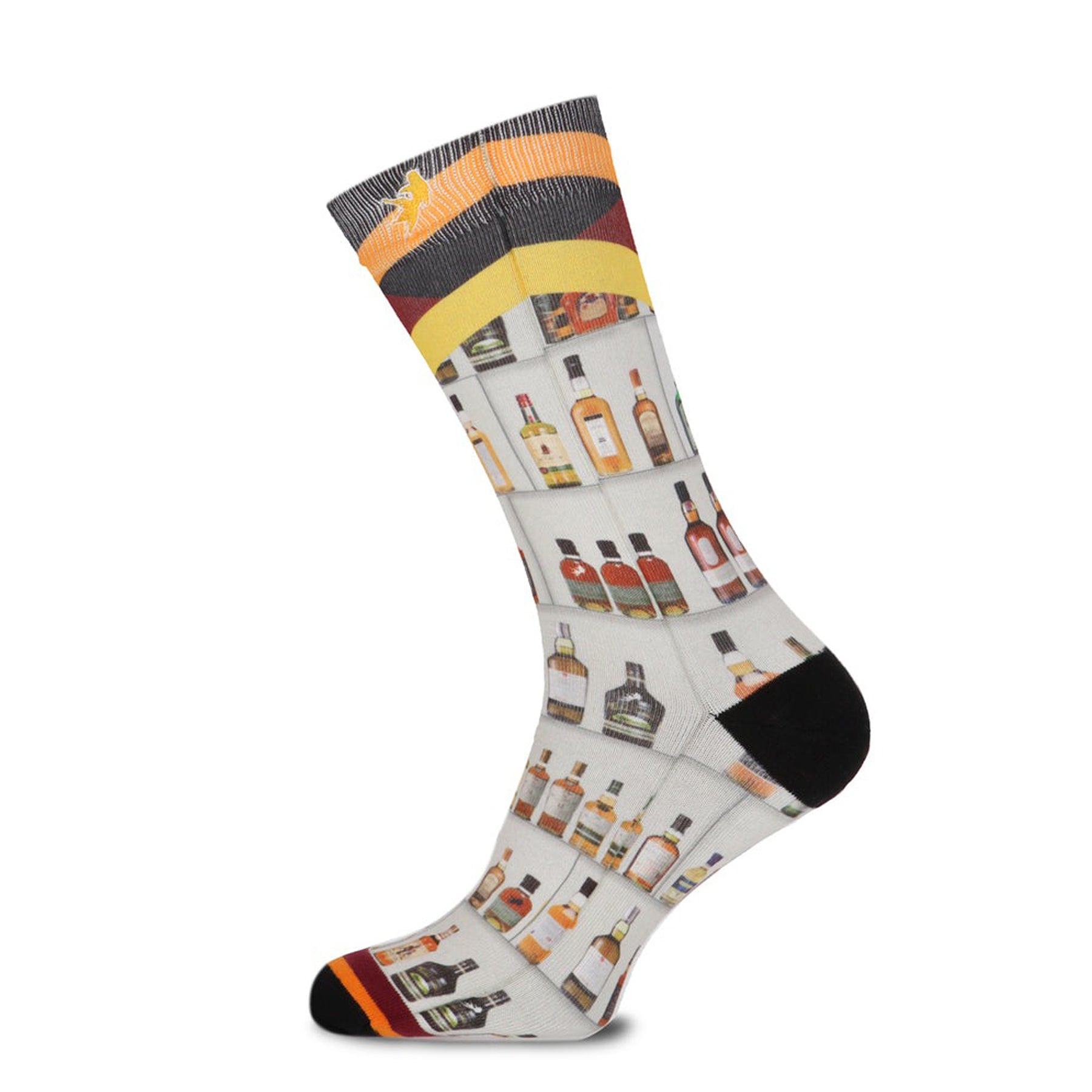 Side view of liquor-themed sock with shelves of bottles and colourful striped cuff detail.