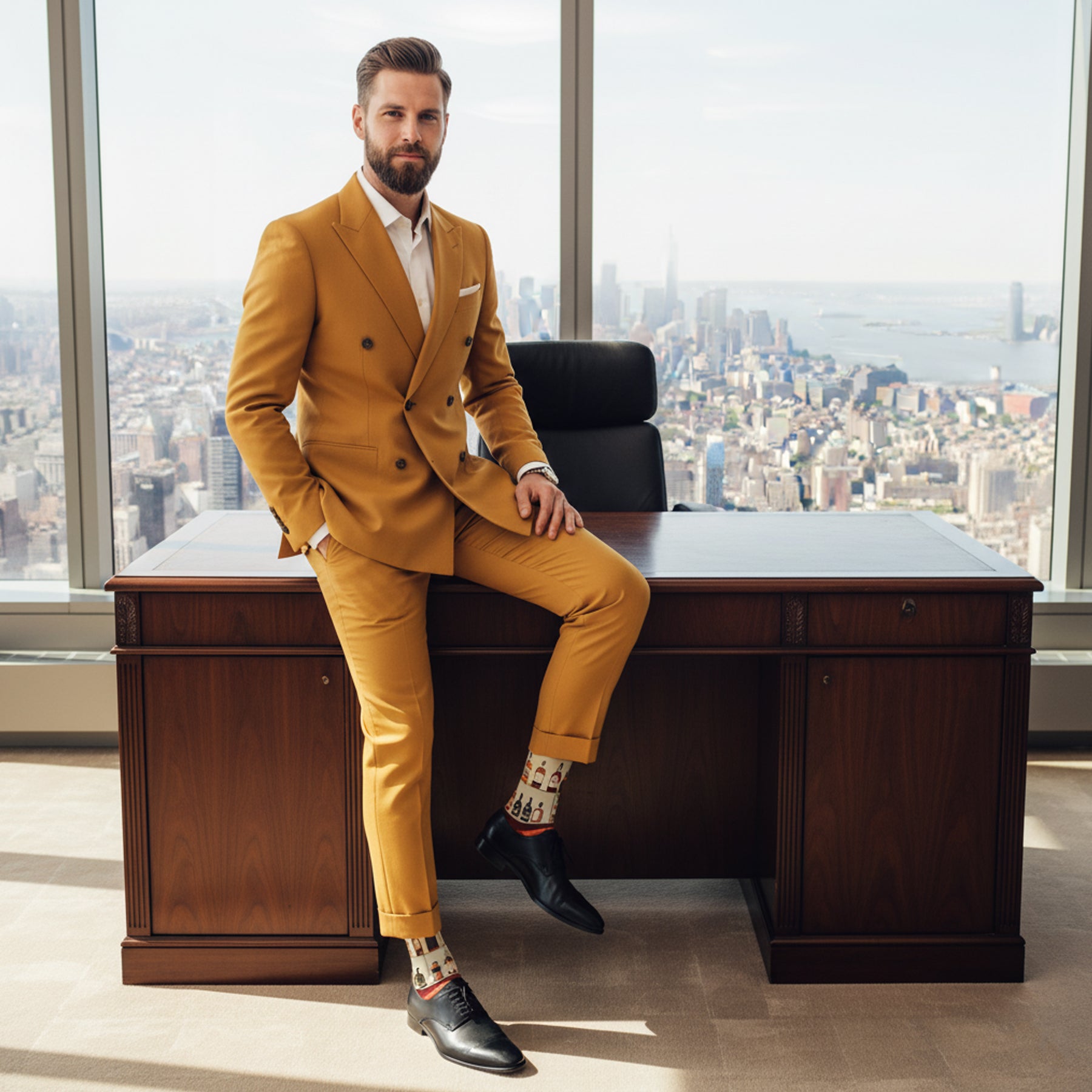 Man in a mustard suit sitting on a desk with a cityscape view