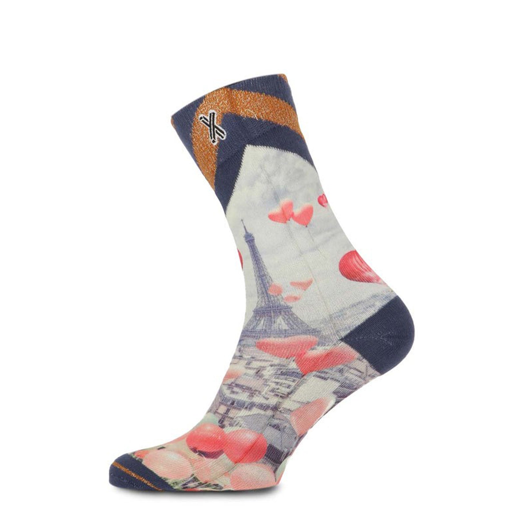 Single Paris print sock with Eiffel Tower and floating balloon pattern, featuring navy and gold glitter cuff.