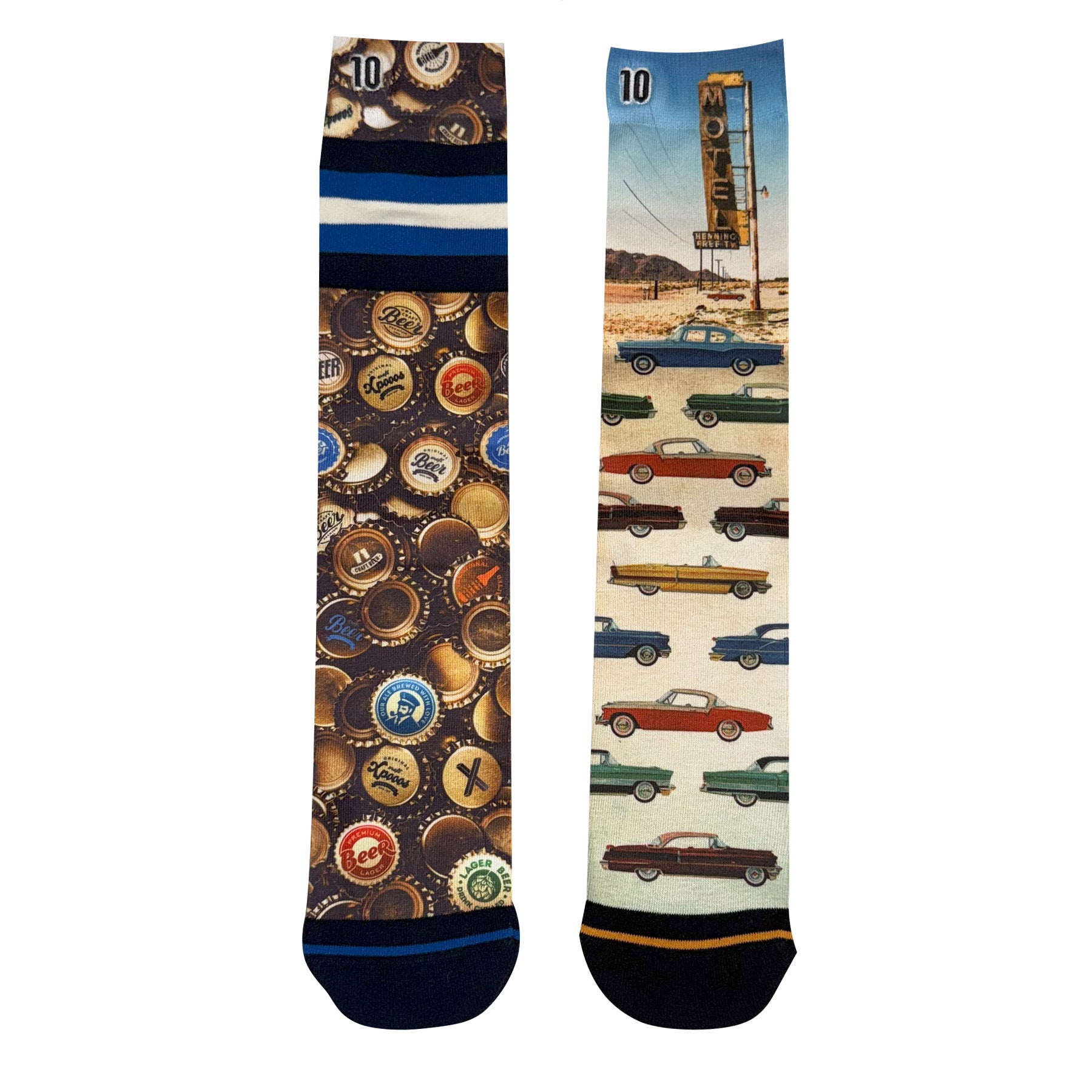 Two pairs of patterned socks laid flat—one with beer bottle caps and one with colourful vintage cars.