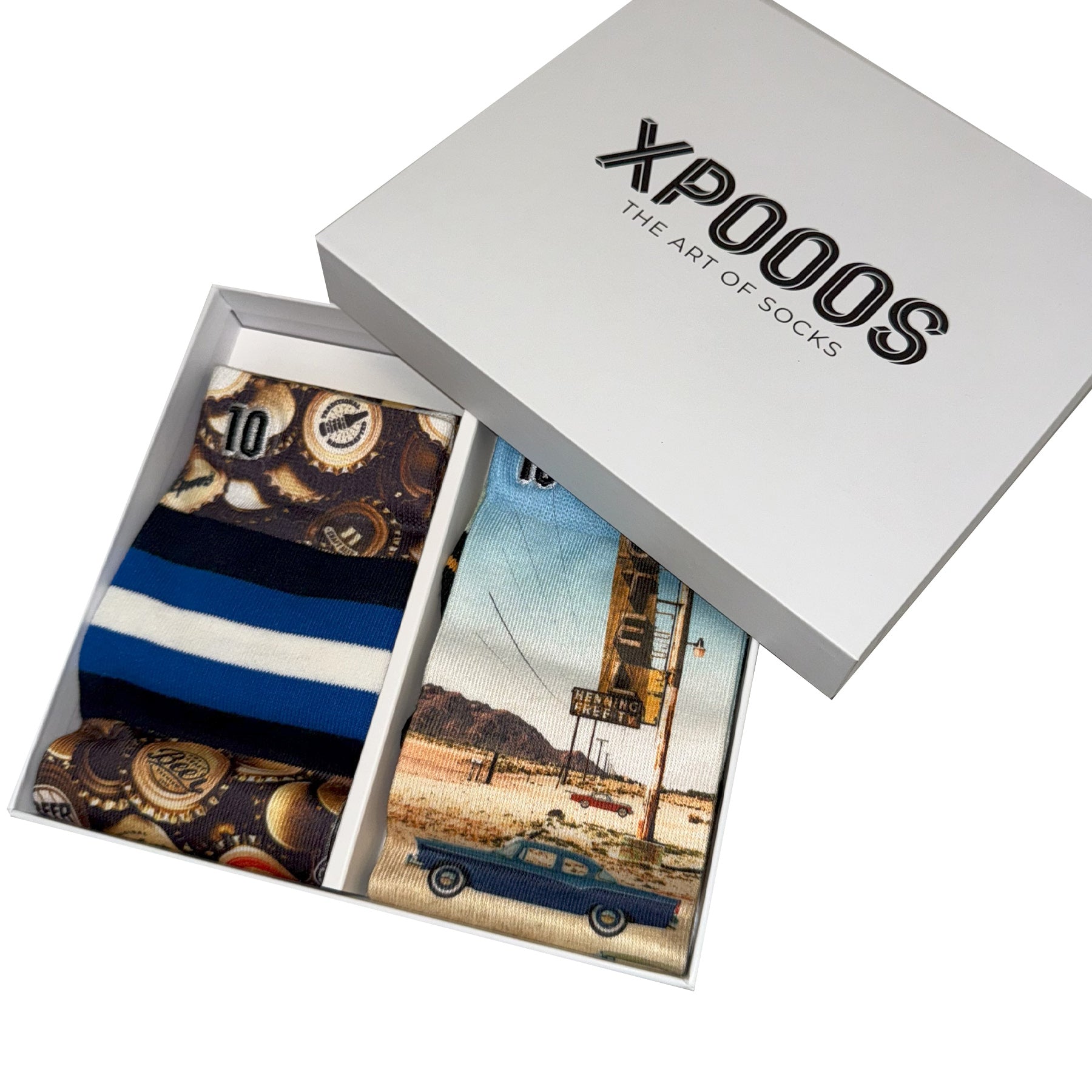 Open XP000S gift box showing two patterned socks inside—beer bottle cap and vintage car designs.