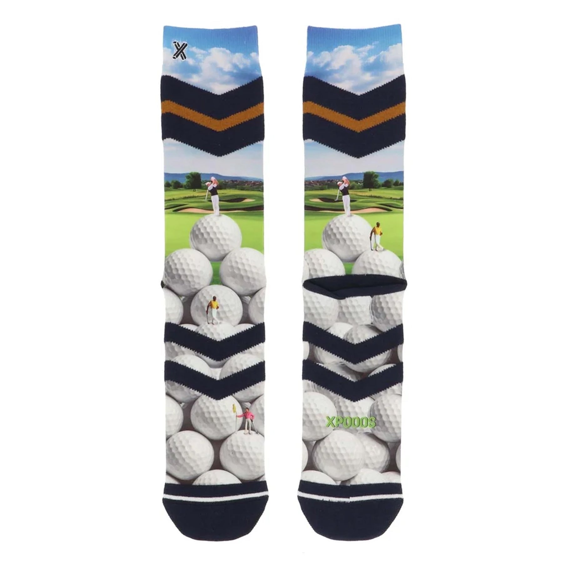Golf-themed crew socks with a scenic golf course, oversized golf ball print, navy and gold chevron stripes, and contrast toe detailing.