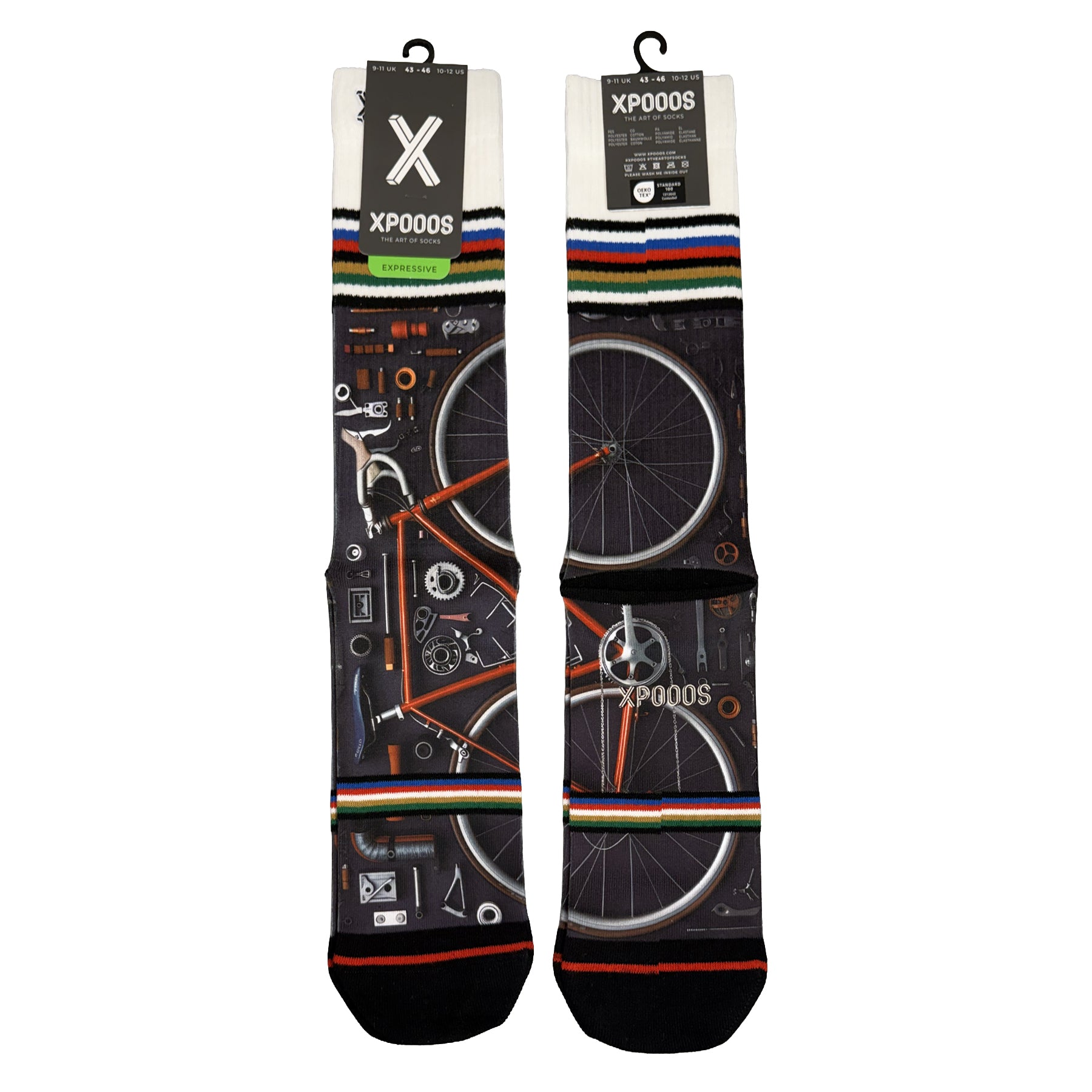 XPooos bicycle-themed crew socks featuring a red bike, cycling tools, multicolour stripes, and black toe accents.