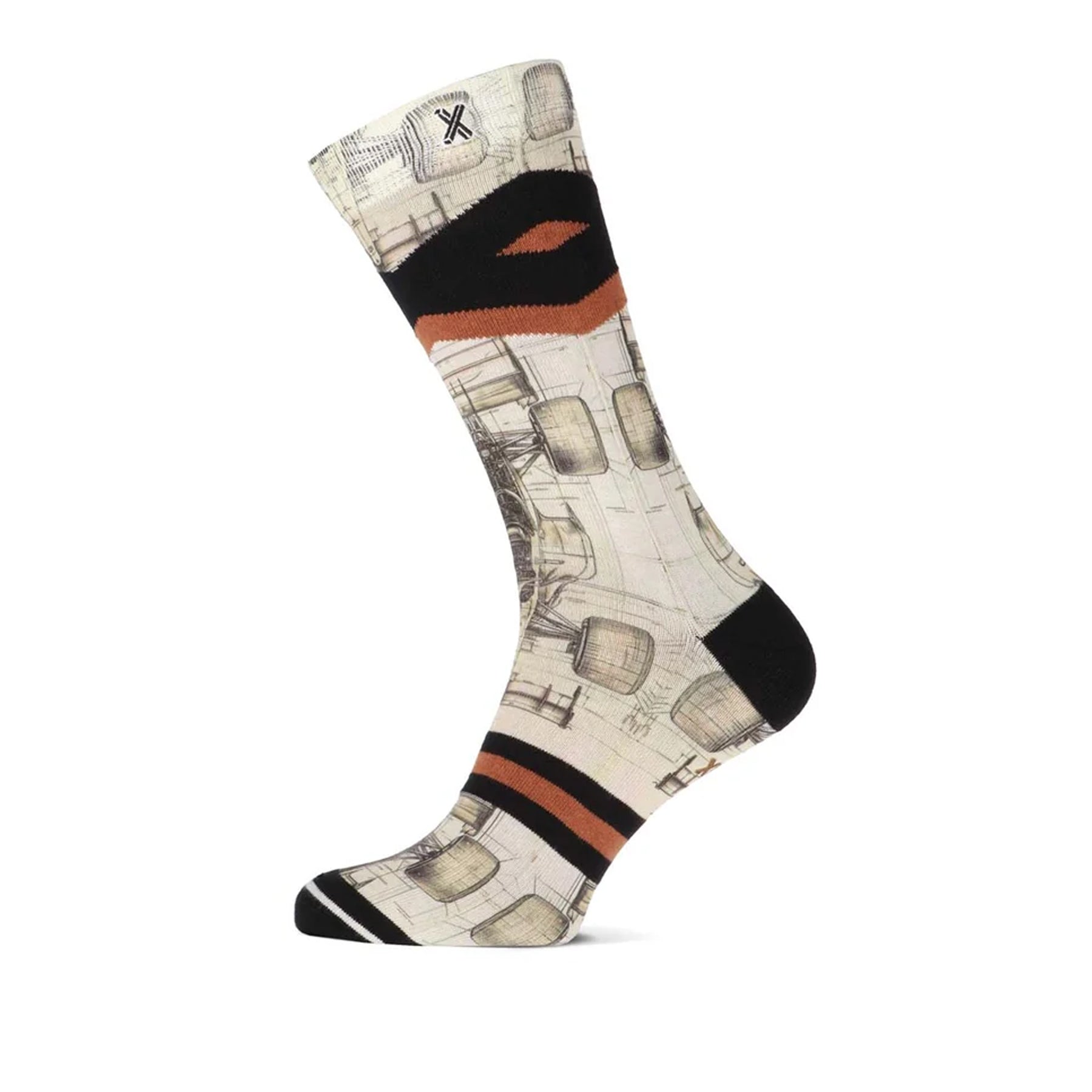 Formula 1 race car print crew sock with technical-style illustrations, black contrast heel and toe, and sporty black and rust stripes.