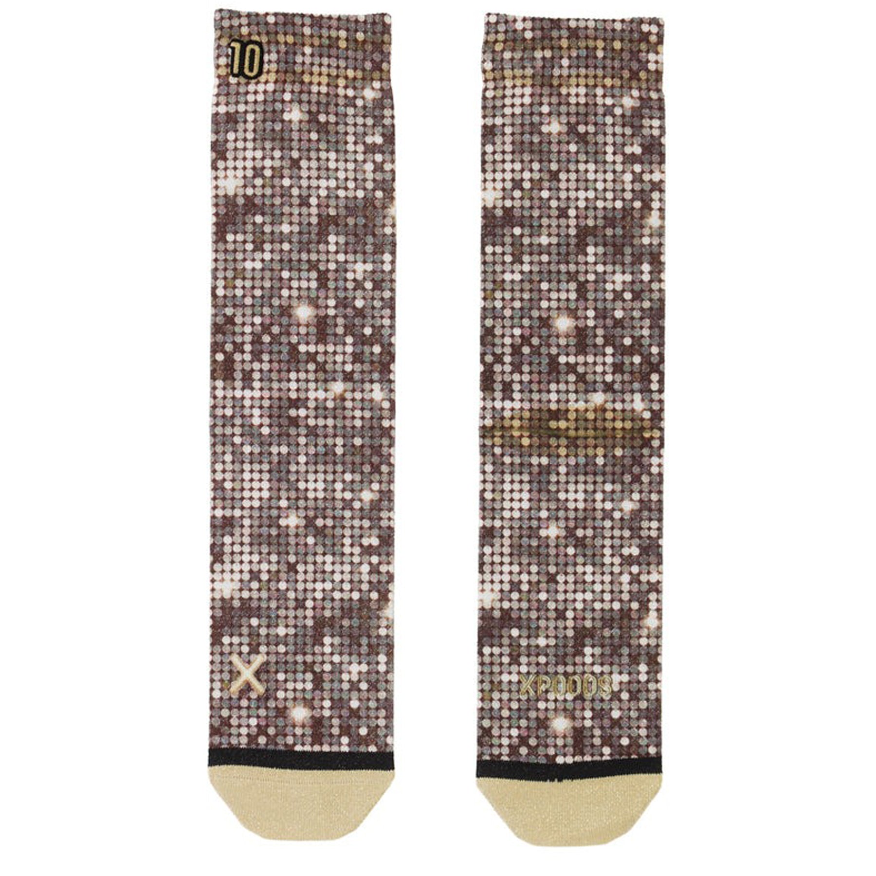 Pair of sparkling patterned socks laid flat with gold heel and toe accents.