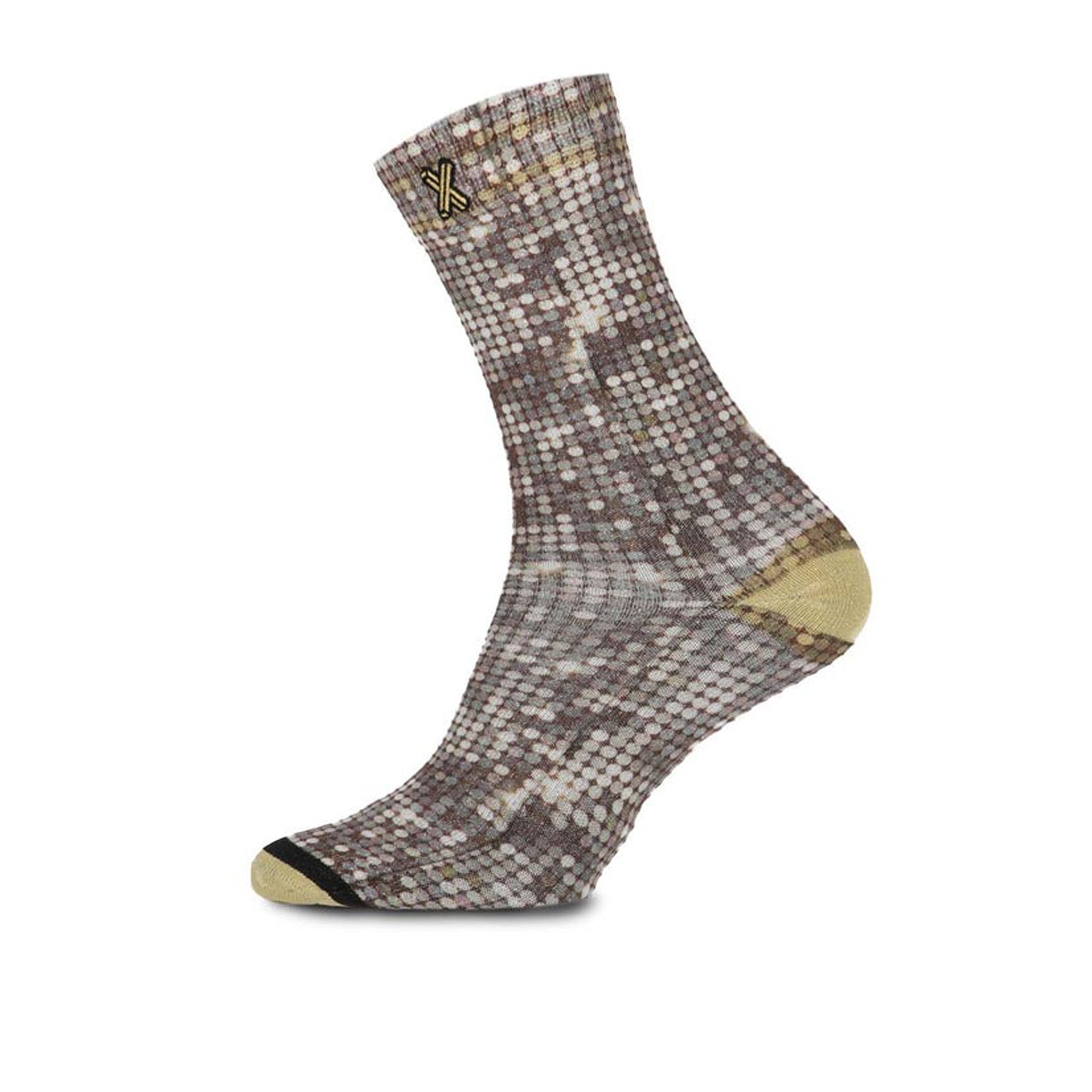 Single glitter-effect sock with pixel-style print and gold heel and toe.