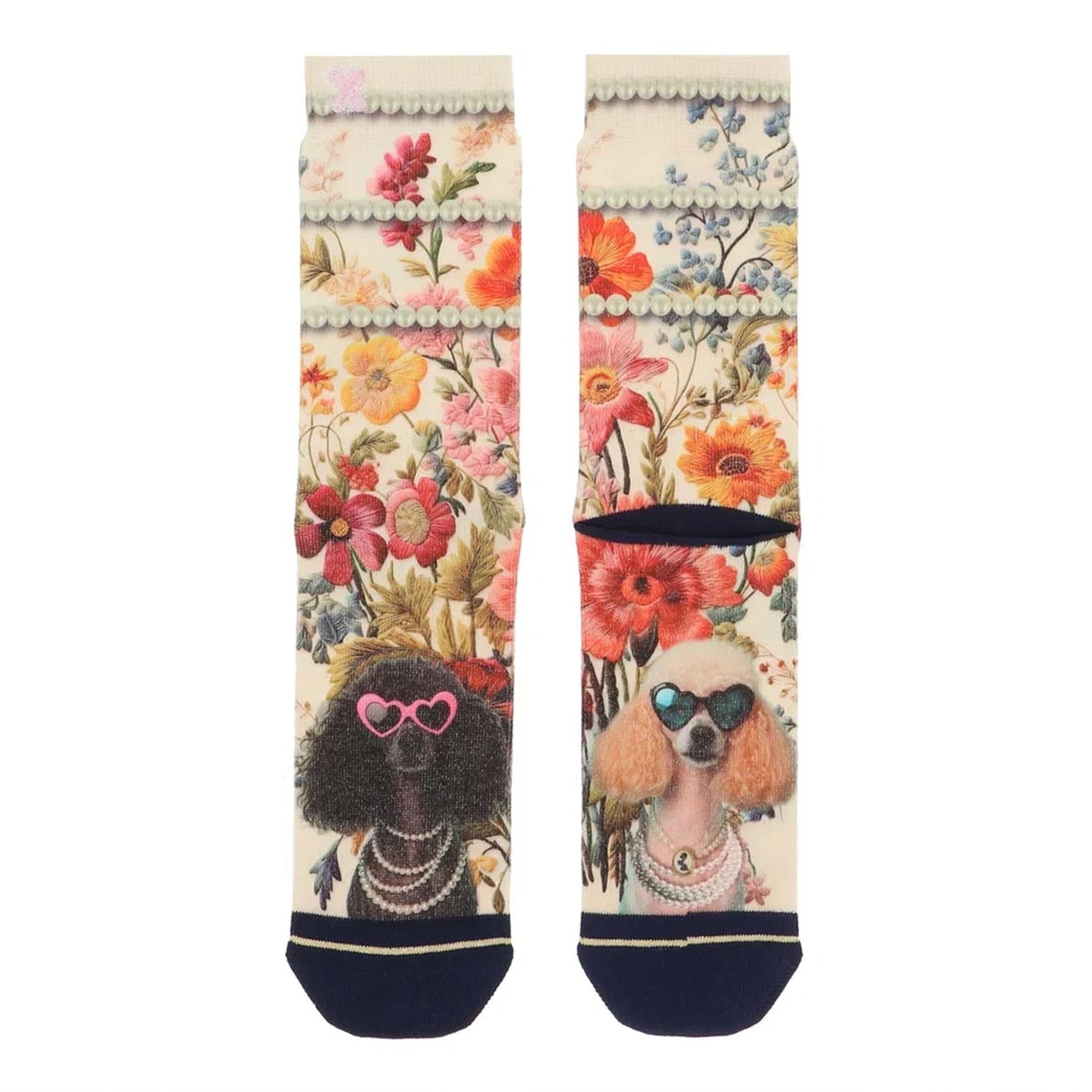 Floral poodle print crew socks with colourful flowers, pearl-inspired details, and navy toe accents.