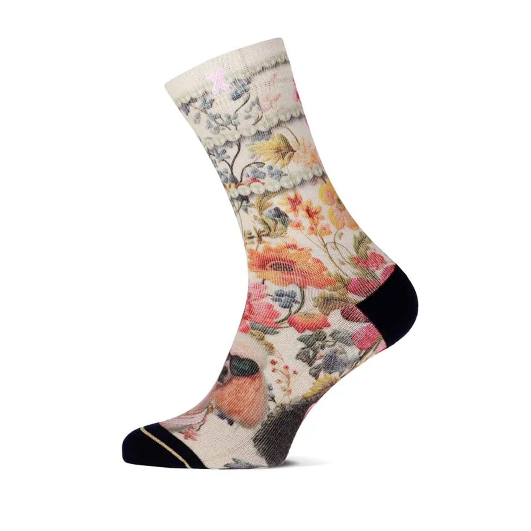 Floral crew sock featuring playful poodles, colourful blooms, pearl-inspired trim, and a contrast navy heel and toe.