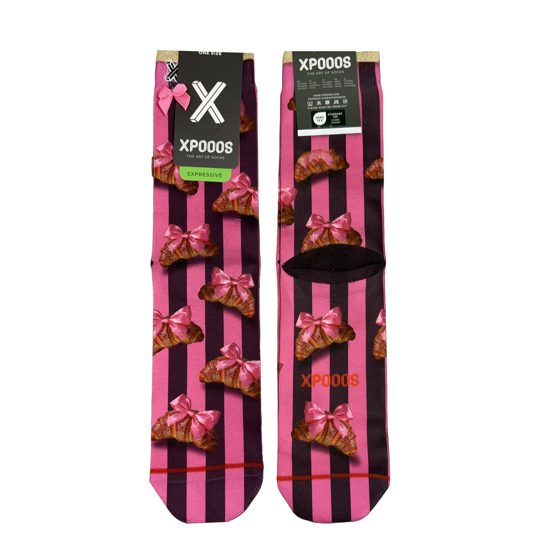 XPooos croissant print crew socks with pink bows and bold pink and burgundy stripes.