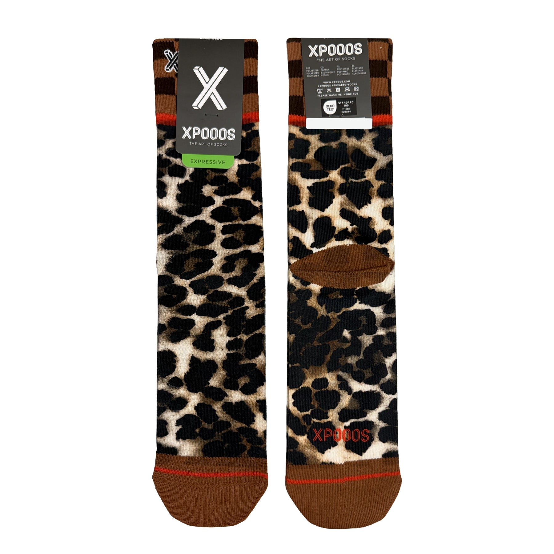 XPooos leopard print crew socks with brown accents and a subtle red stripe.