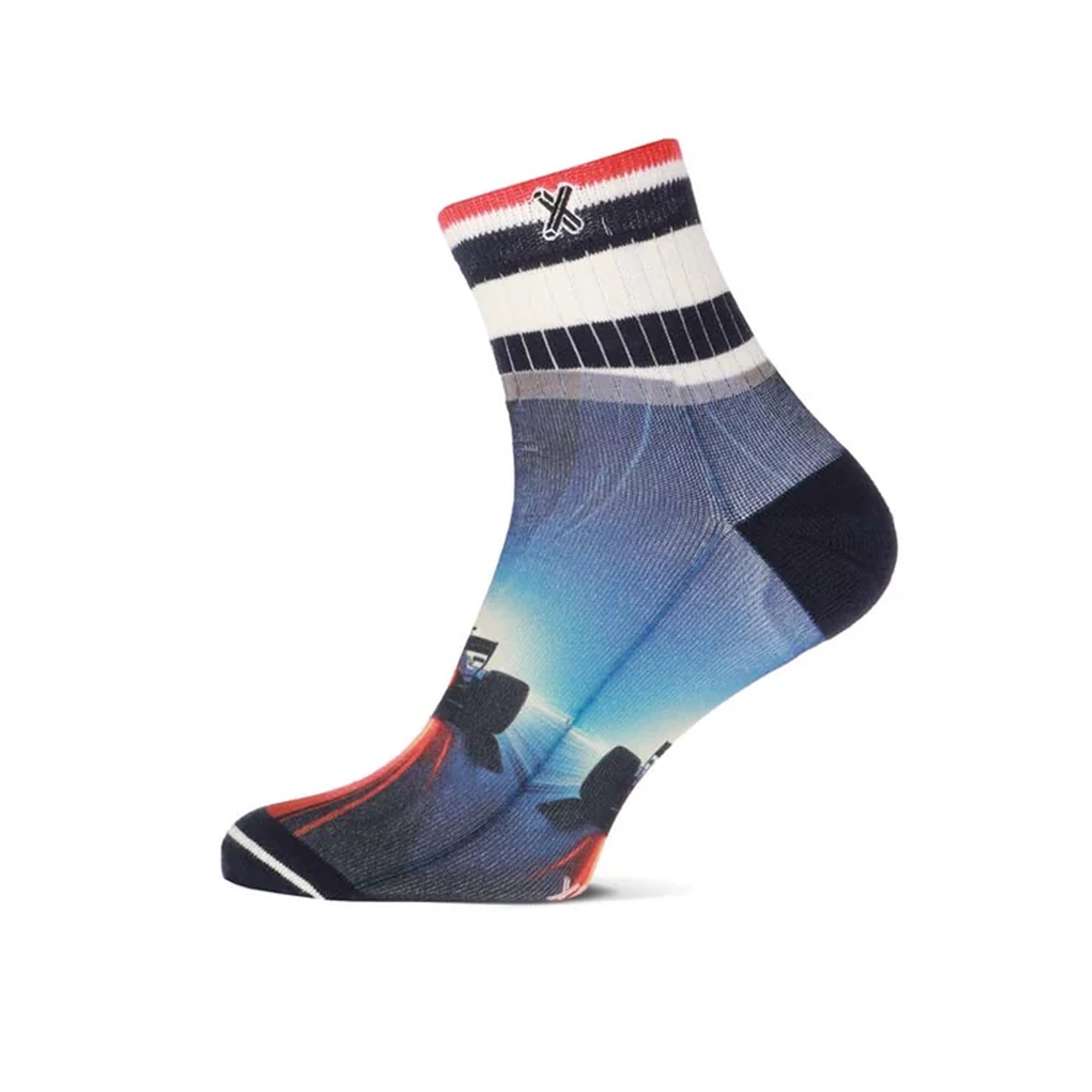 Race car ankle sock with dynamic blue and red graphics, navy accents, and a sporty striped cuff.