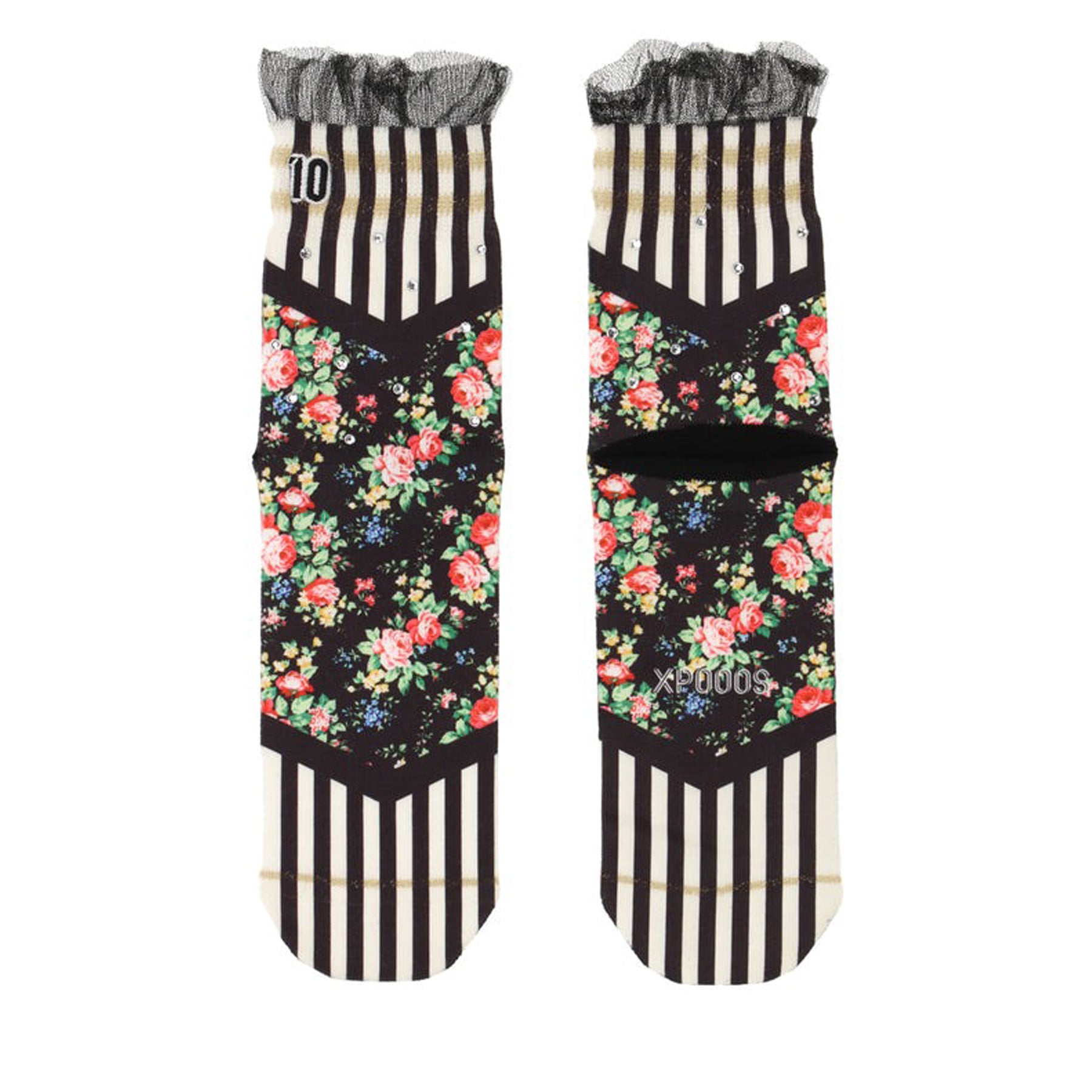 Pair of socks with black-and-white stripes, floral rose pattern, and ruffled cuff laid flat.