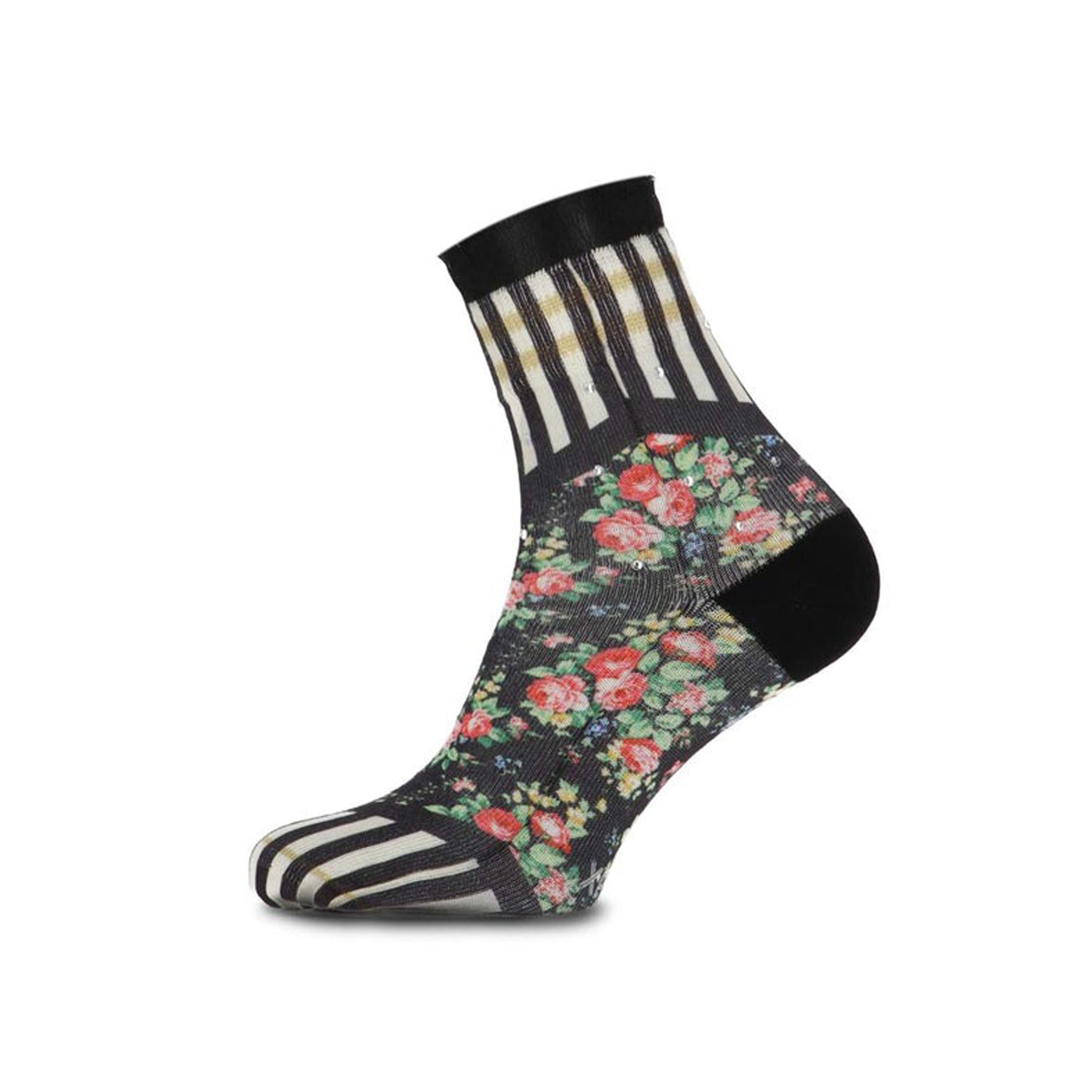 Single sock with bold stripe and rose floral print, black heel and toe, and sheer ruffle cuff.