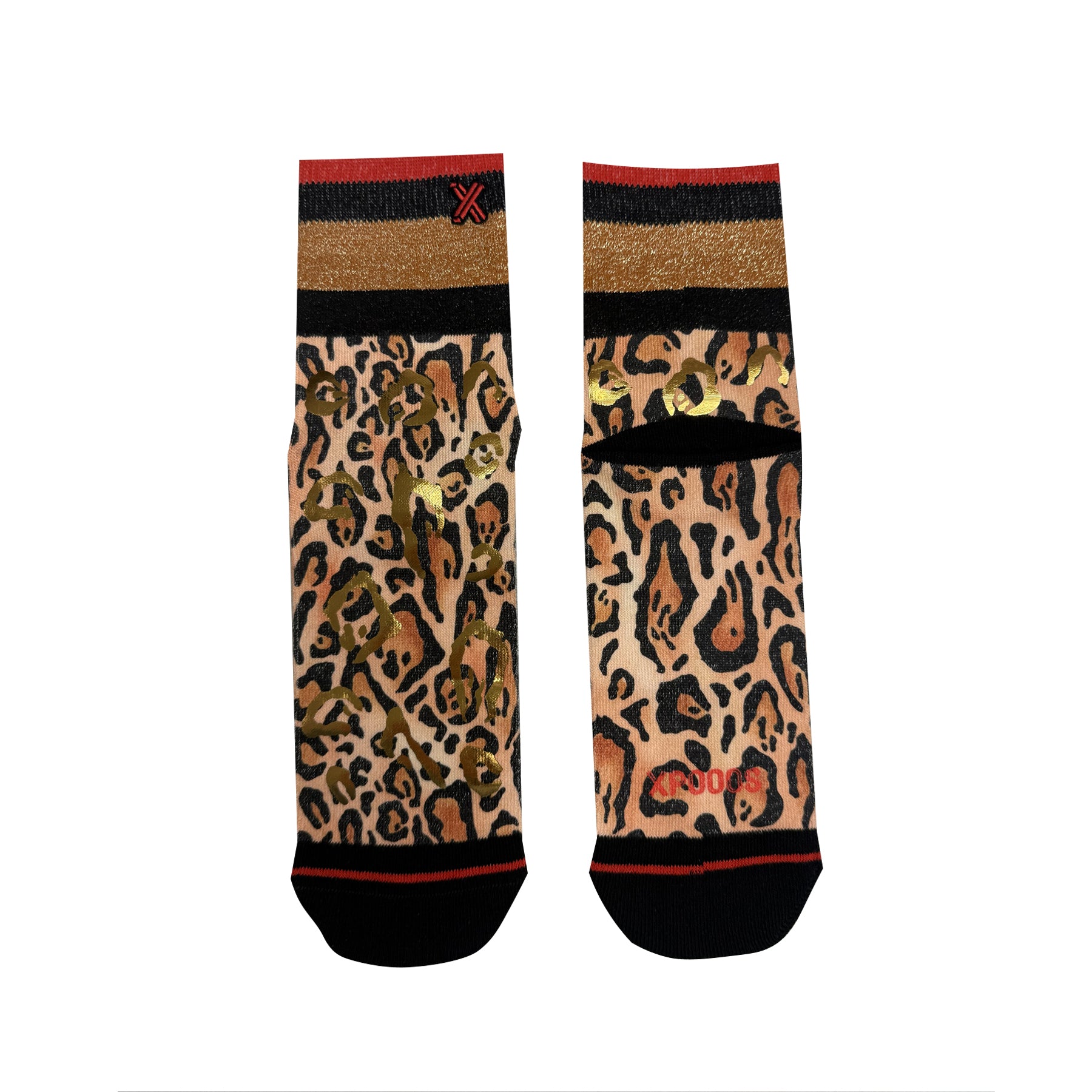 Full pair of leopard-print socks with gold foil accents and striped cuffs in black, gold, and red displayed flat on a white background.