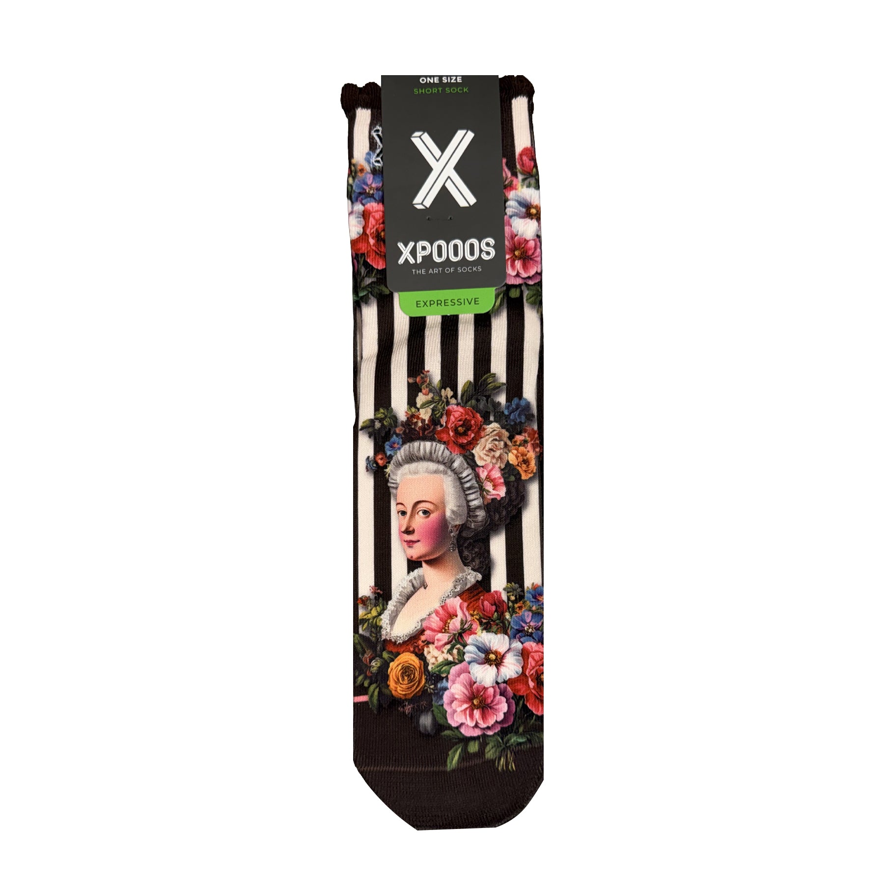 XPooos short socks featuring a vintage-inspired portrait surrounded by colourful florals and black-and-white stripes.