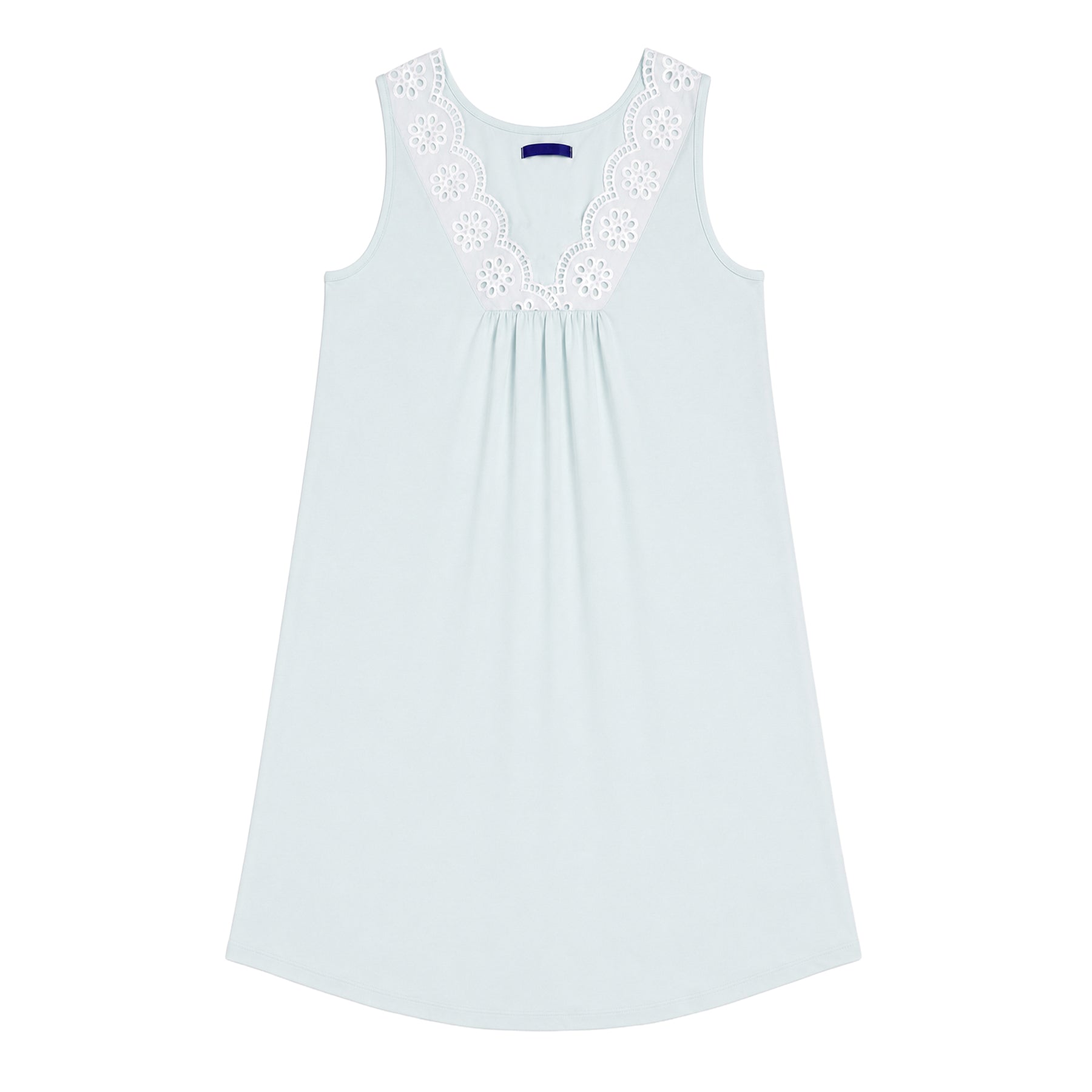 P-Jamas Pima Cotton Chemise in Pale Blue with White Eyelet Lace V-Neck – Front View