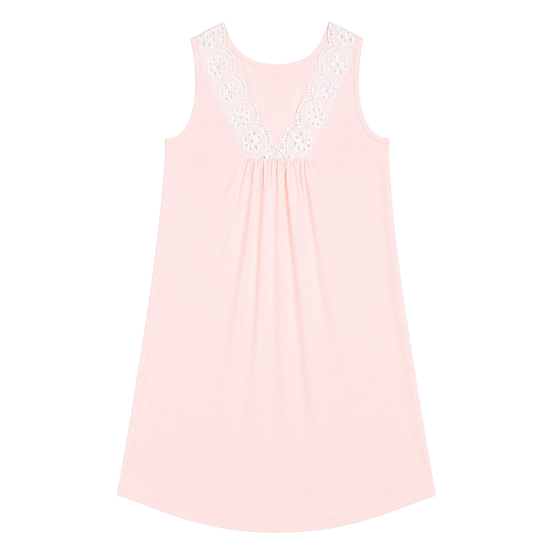 P-Jamas Pima Cotton Chemise in Pale Pink with White Eyelet Lace V-Neck – Front View