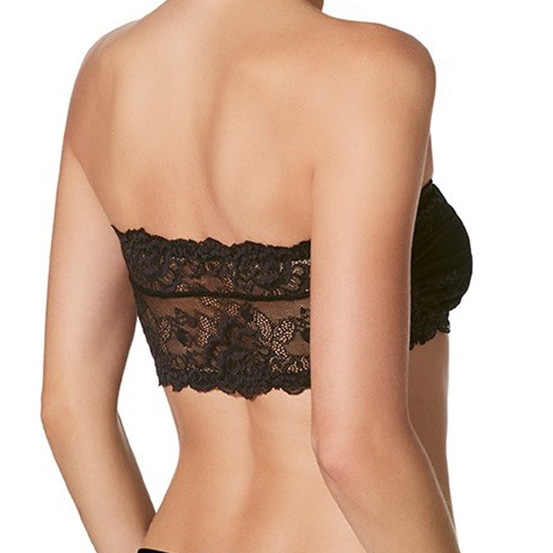 Back view of black lace bandeau bra showcasing floral lace throughout the band with scalloped edges and a smooth, comfortable fit.