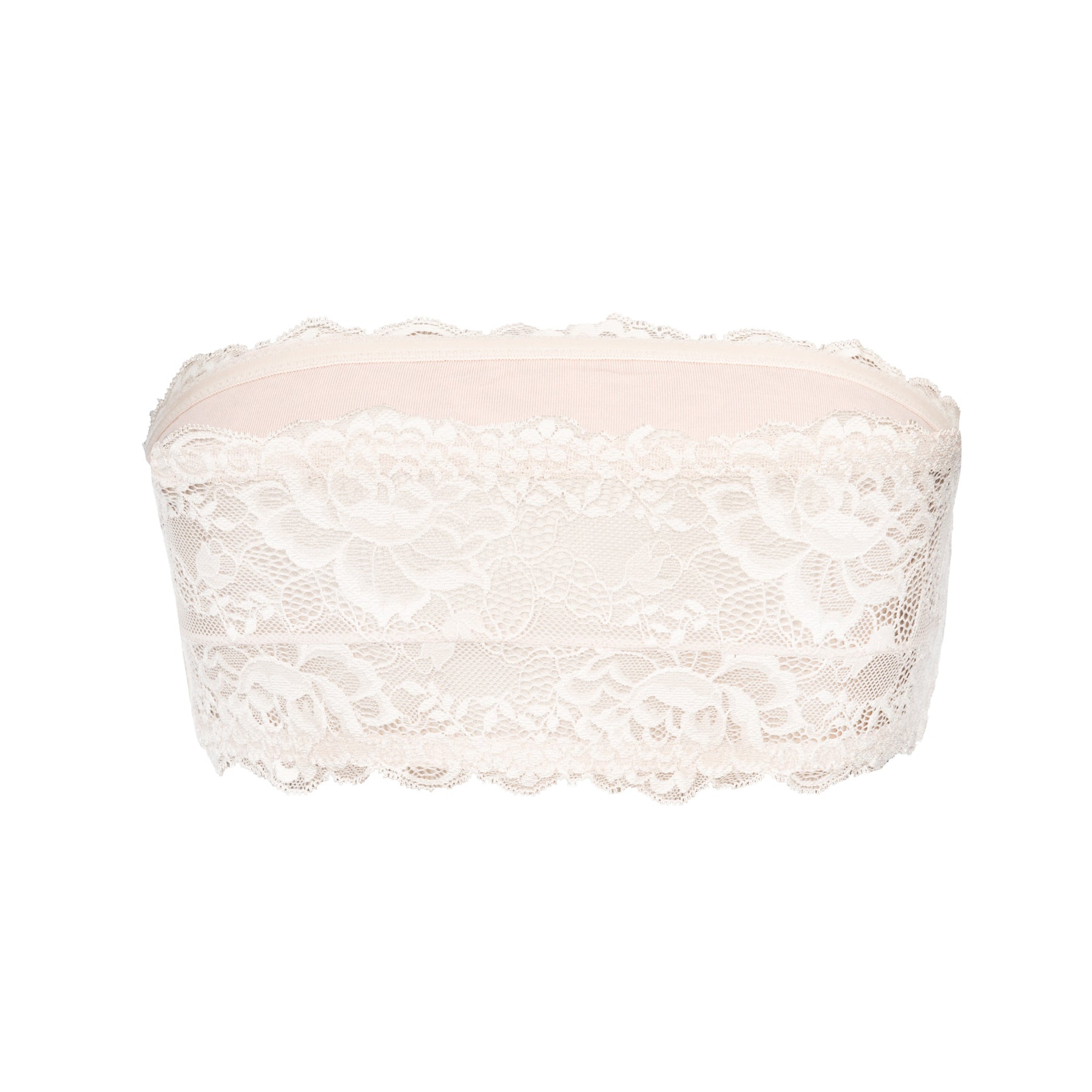 Blush pink lace bandeau bra featuring a seamless centre panel, delicate floral lace, scalloped edges, and a comfortable strapless design.