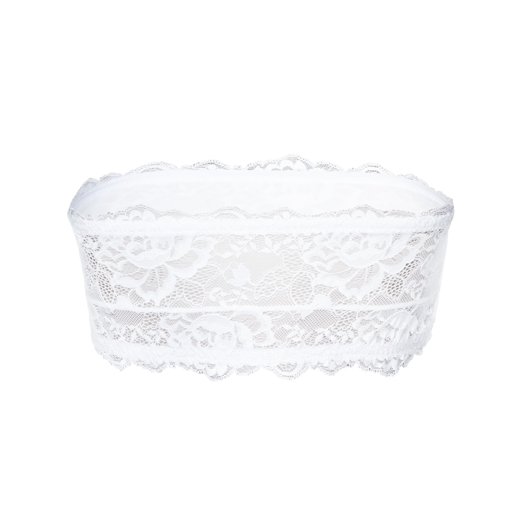 White lace bandeau bra featuring a seamless centre panel, floral lace detailing, scalloped edges, and a comfortable strapless design.