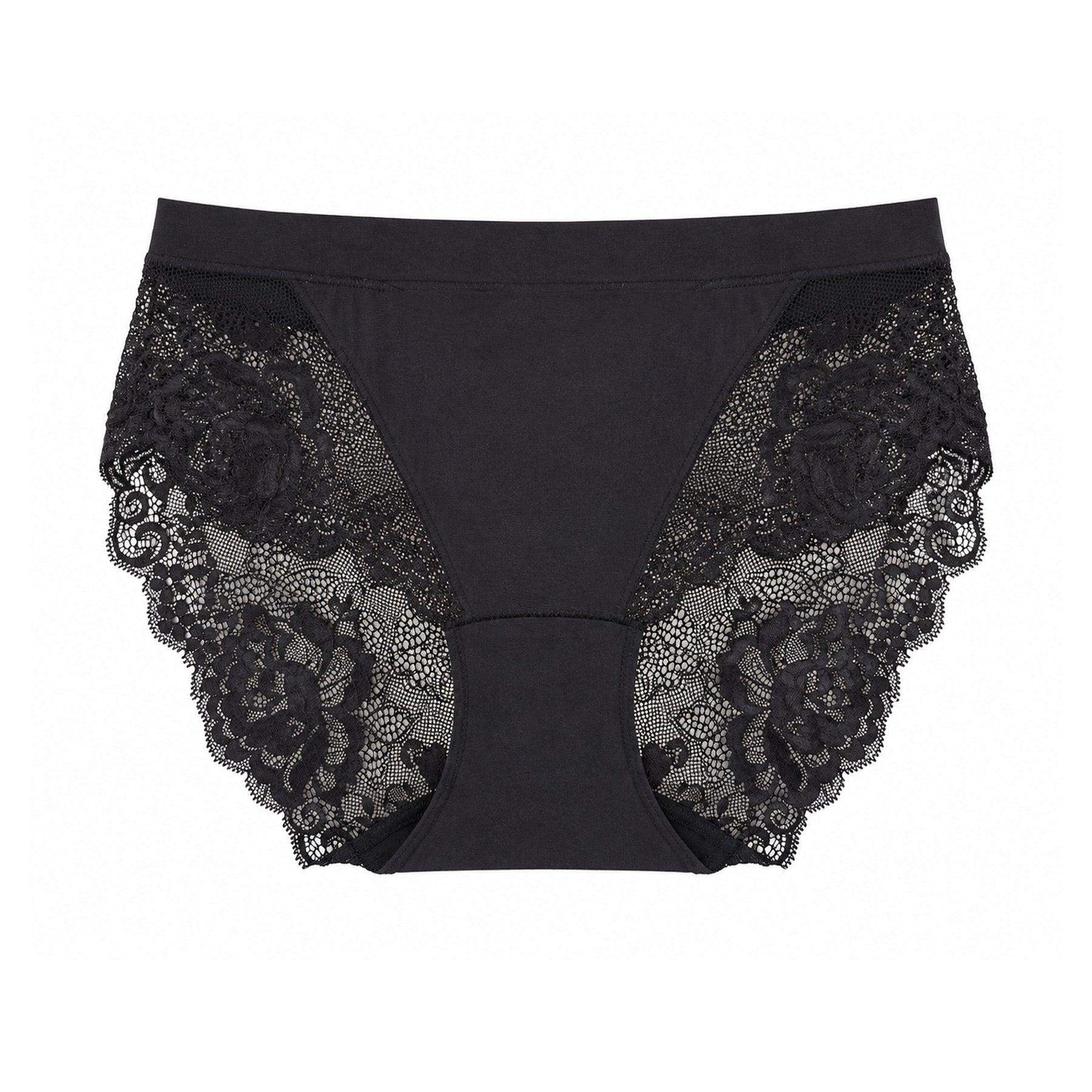 Black lace brief with a smooth front panel, scalloped floral lace sides, and comfortable full coverage.
