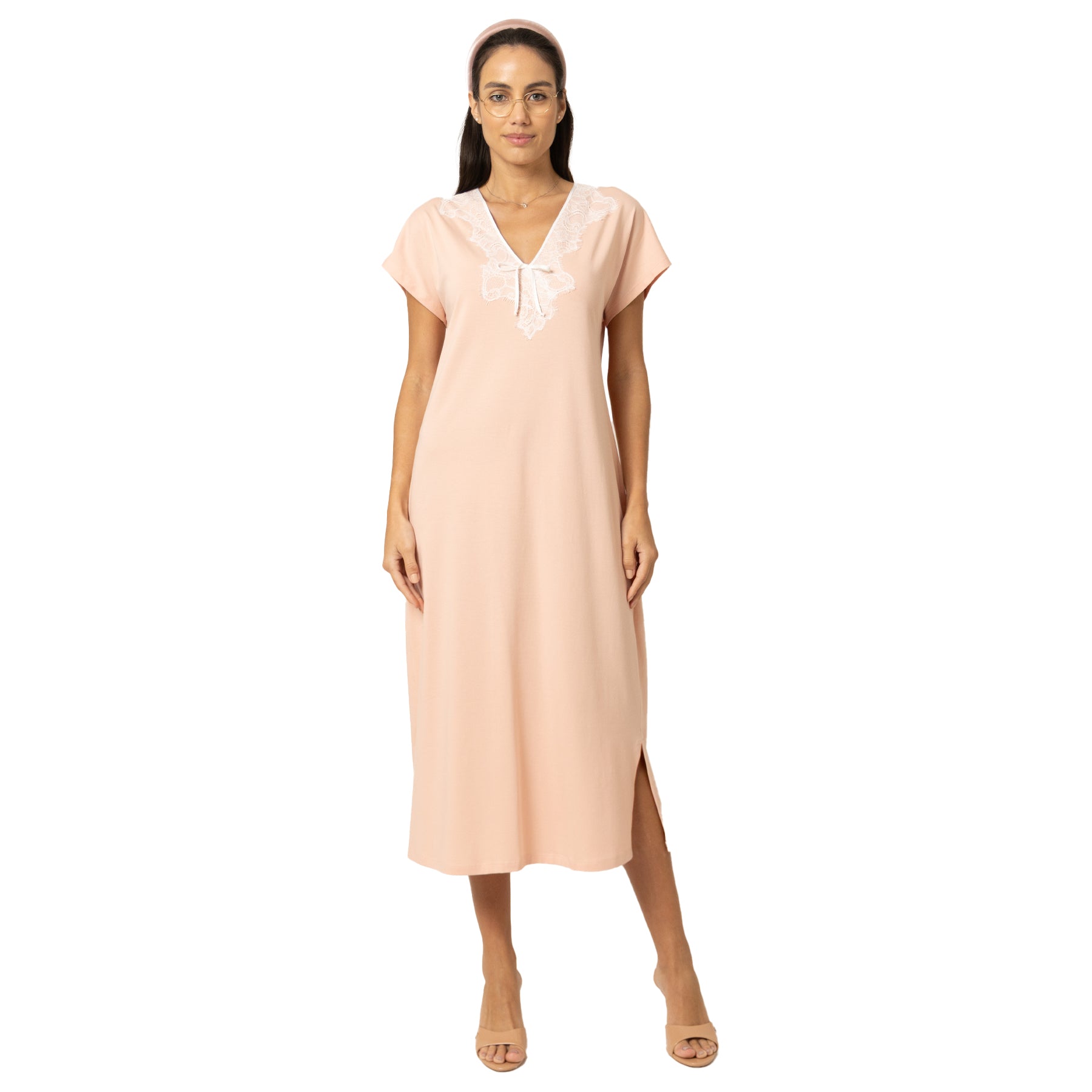 Blush pink short sleeve nightgown with lace trim neckline and relaxed midi length, front view