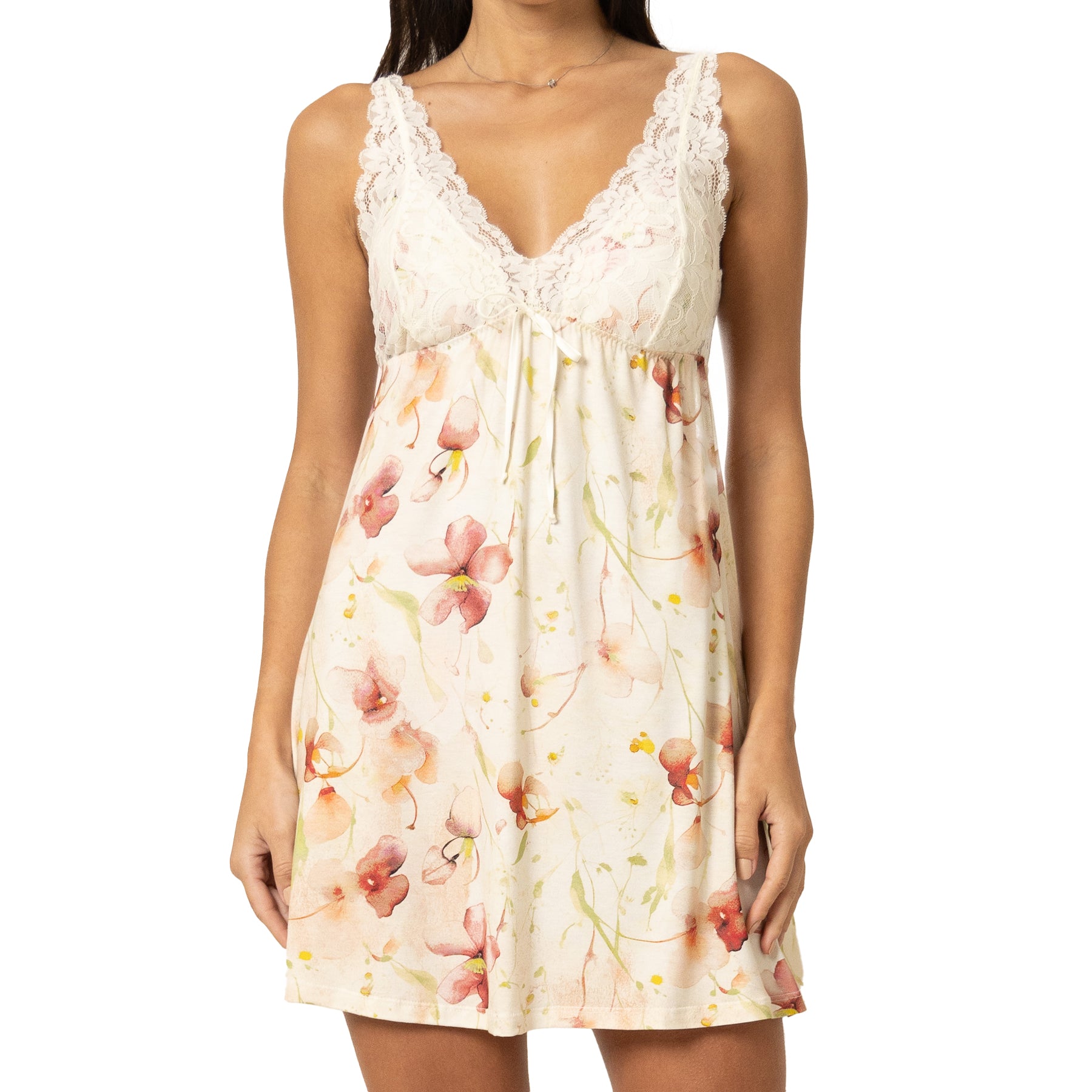 Front view of cream floral nightdress with lace bodice, bow detail, and delicate pastel print