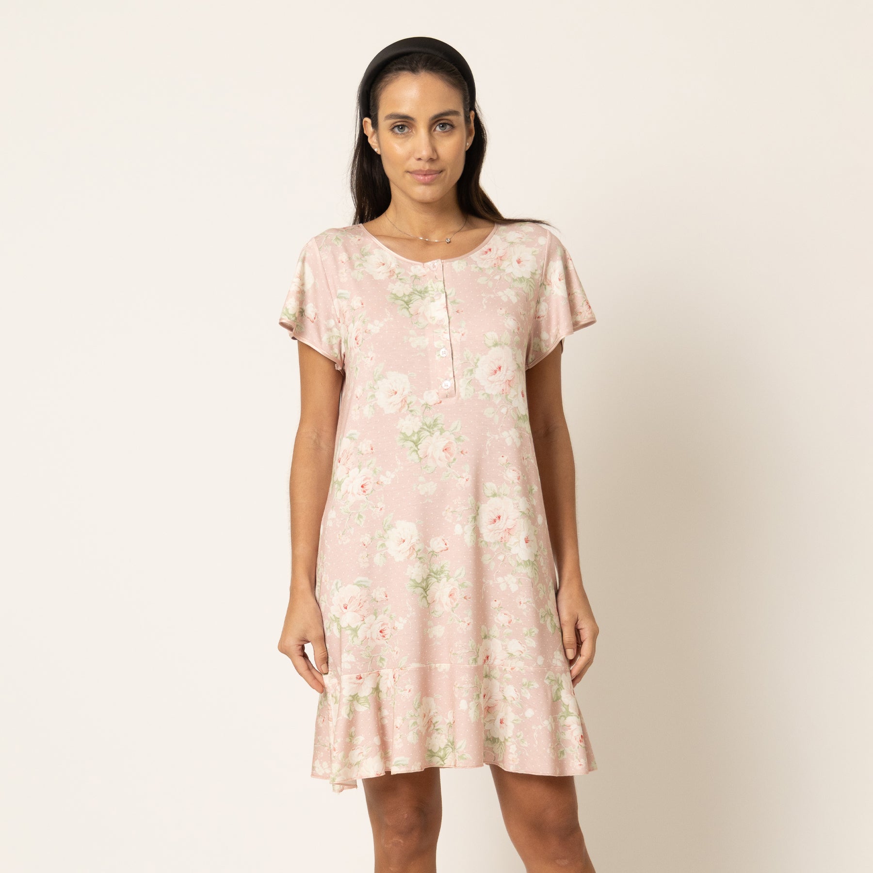 Pink floral short sleeve nightgown with soft rose print and button neckline, front view