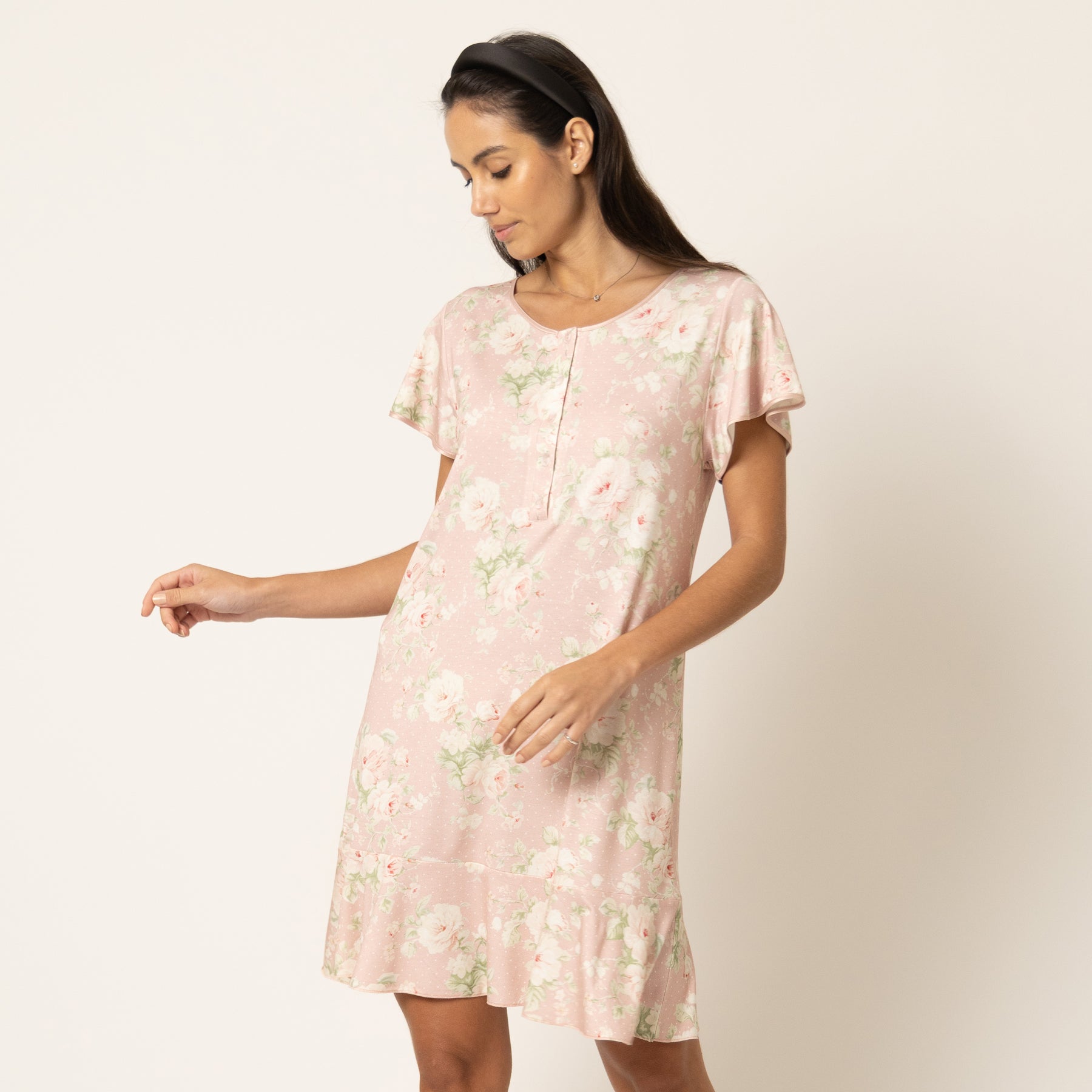 Lightweight pink floral sleep dress with short sleeves and relaxed fit, side angle